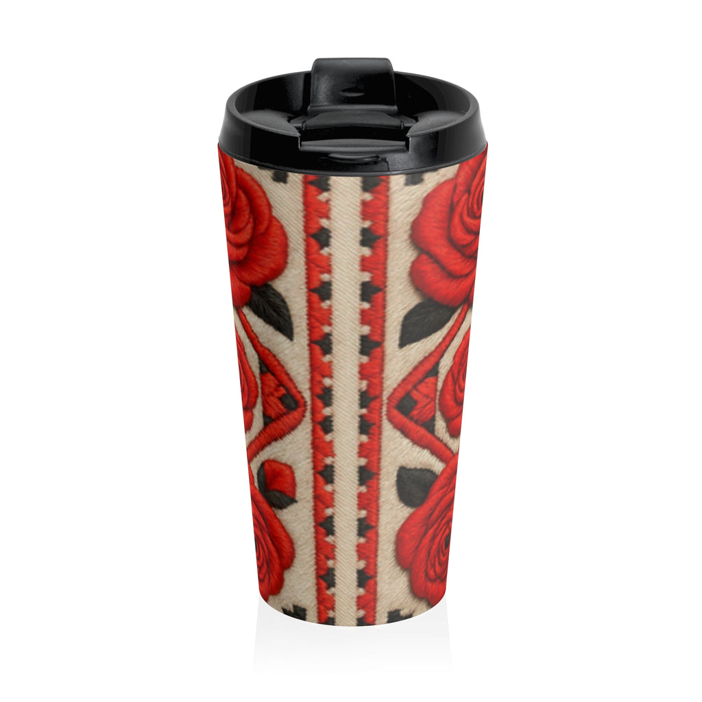 Vintage Red Rose Travel Mug, Stainless Steel Insulated Coffee Tumbler, Floral Folk Pattern Mug, Elegant Boho Rose Cute Gift for Her 15oz