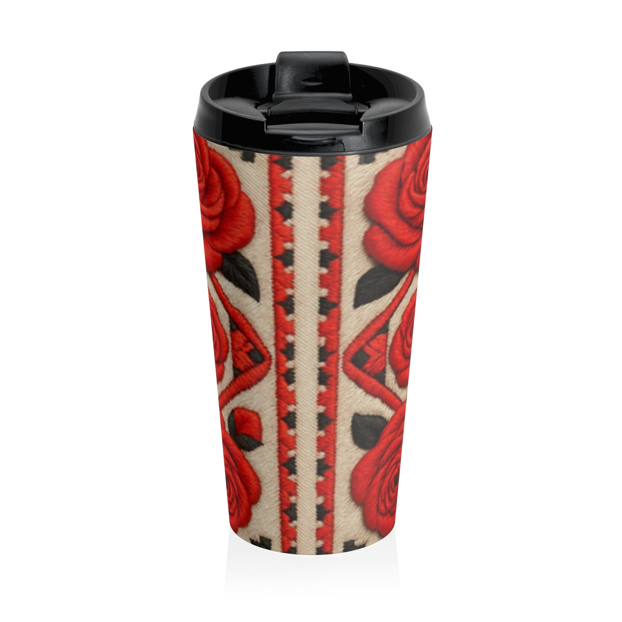 Vintage Red Rose Travel Mug, Stainless Steel Insulated Coffee Tumbler, Floral Folk Pattern Mug, Elegant Boho Rose Cute Gift for Her 15oz