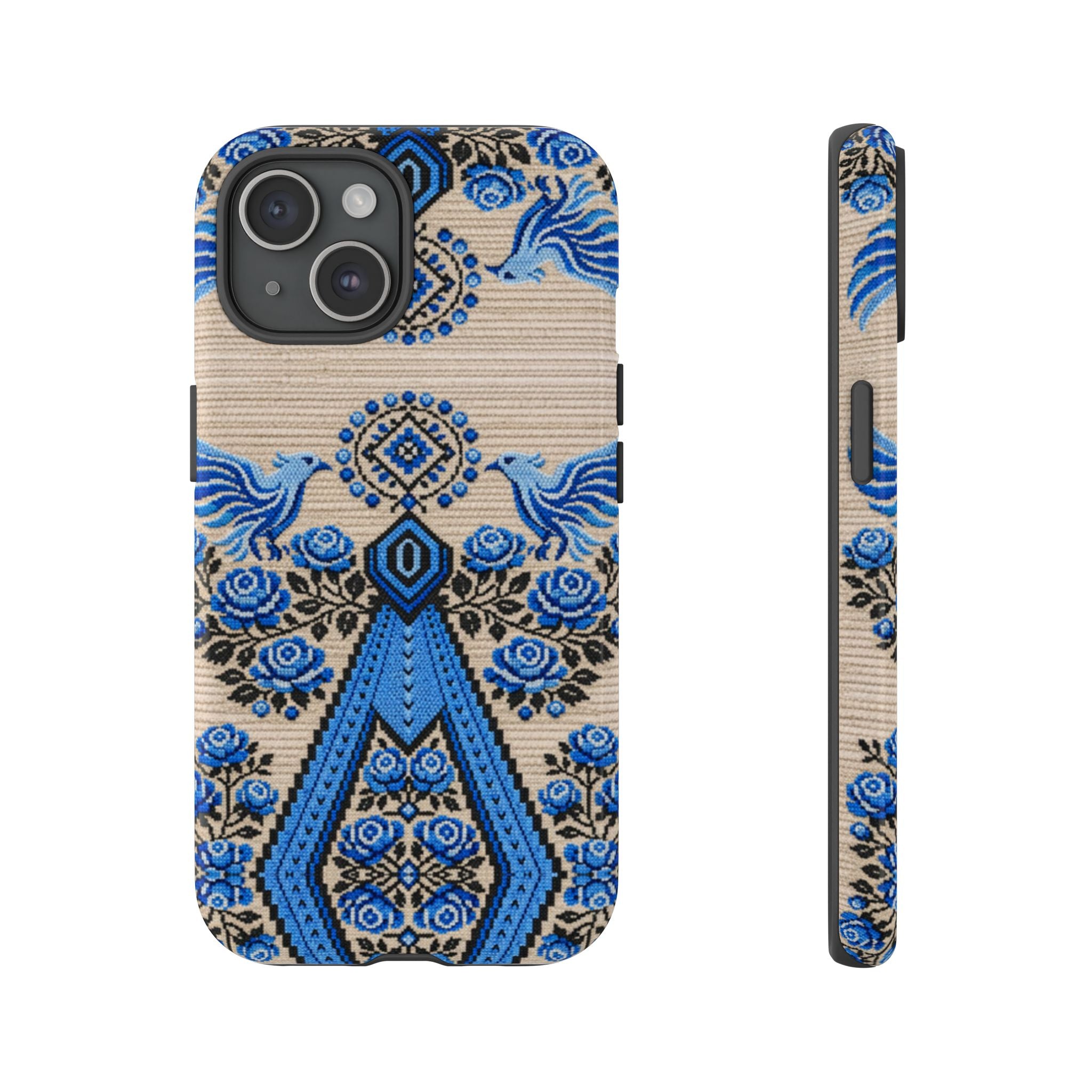 Ukrainian Phone Case  Blue Black Berehynia Design, Falcons & Roses Folk Art, Slavic Embroidery Style Protective Cover
