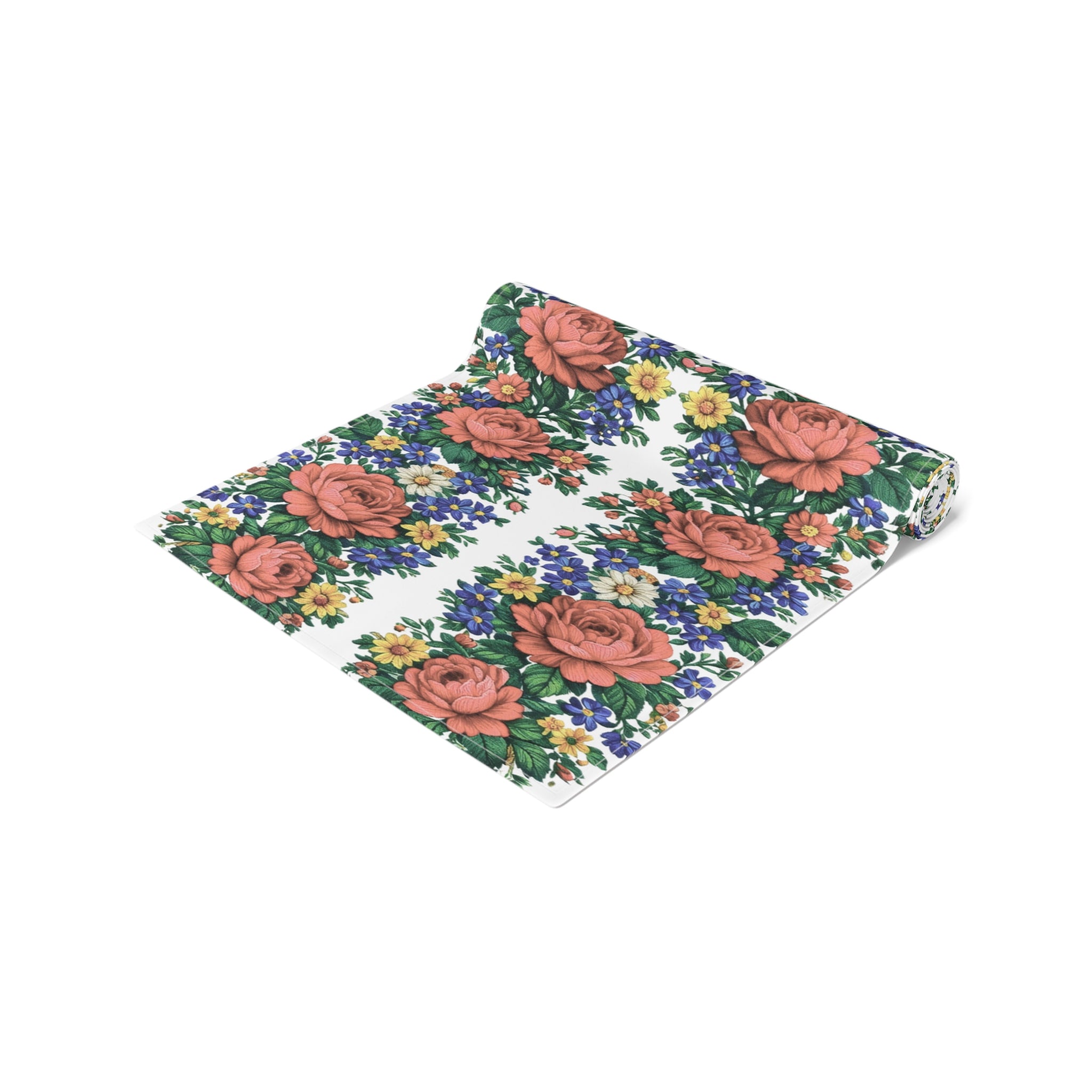 Red Rose Floral Table Runner | Cottagecore Wildflower White Decor | BLUESKYDEZIGN