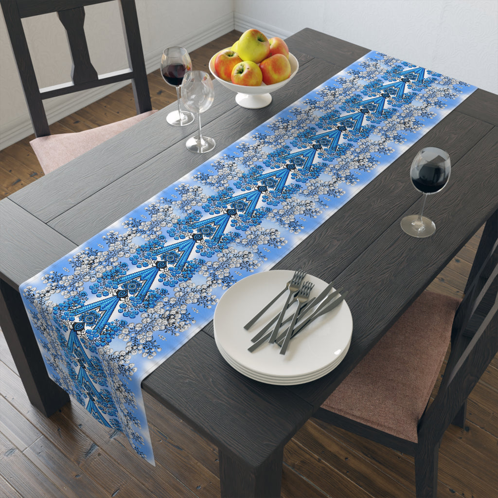 Ukrainian Berehynia Blue Table Runner — Folk Embroidery Style, Roses & Geometric Pattern | BLUESKYDEZIGN