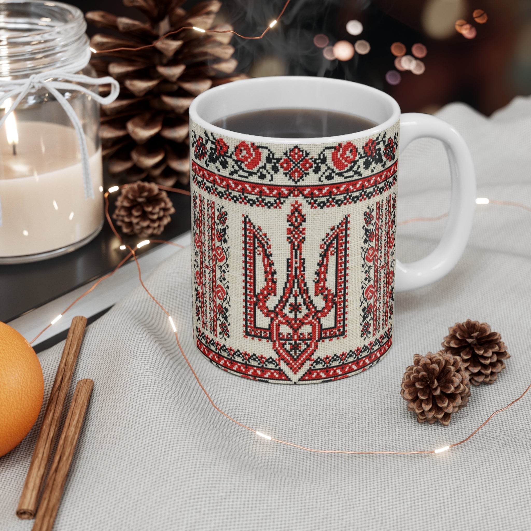 Tryzub 11oz Mug, Ukrainian Red Black Embroidery, Folk Art Trident Coffee Tea Cup, Cultural Gift Idea, Red Black Vyshyvanka Pattern