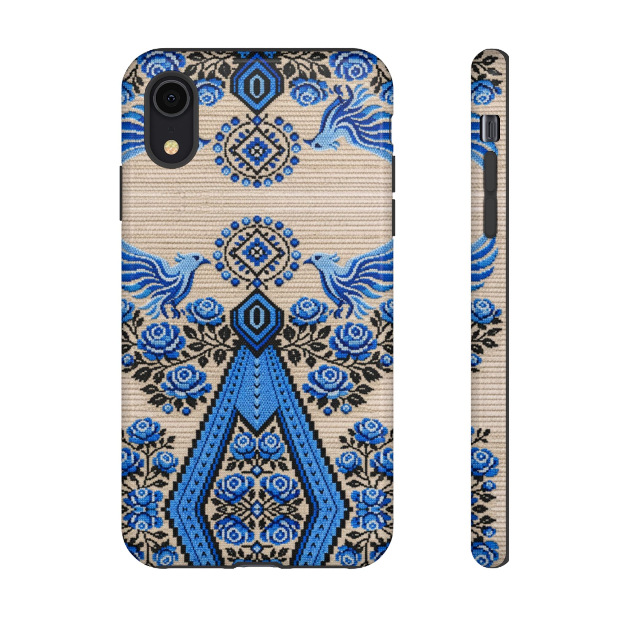 Ukrainian Berehynia phone case with blue black folk art pattern