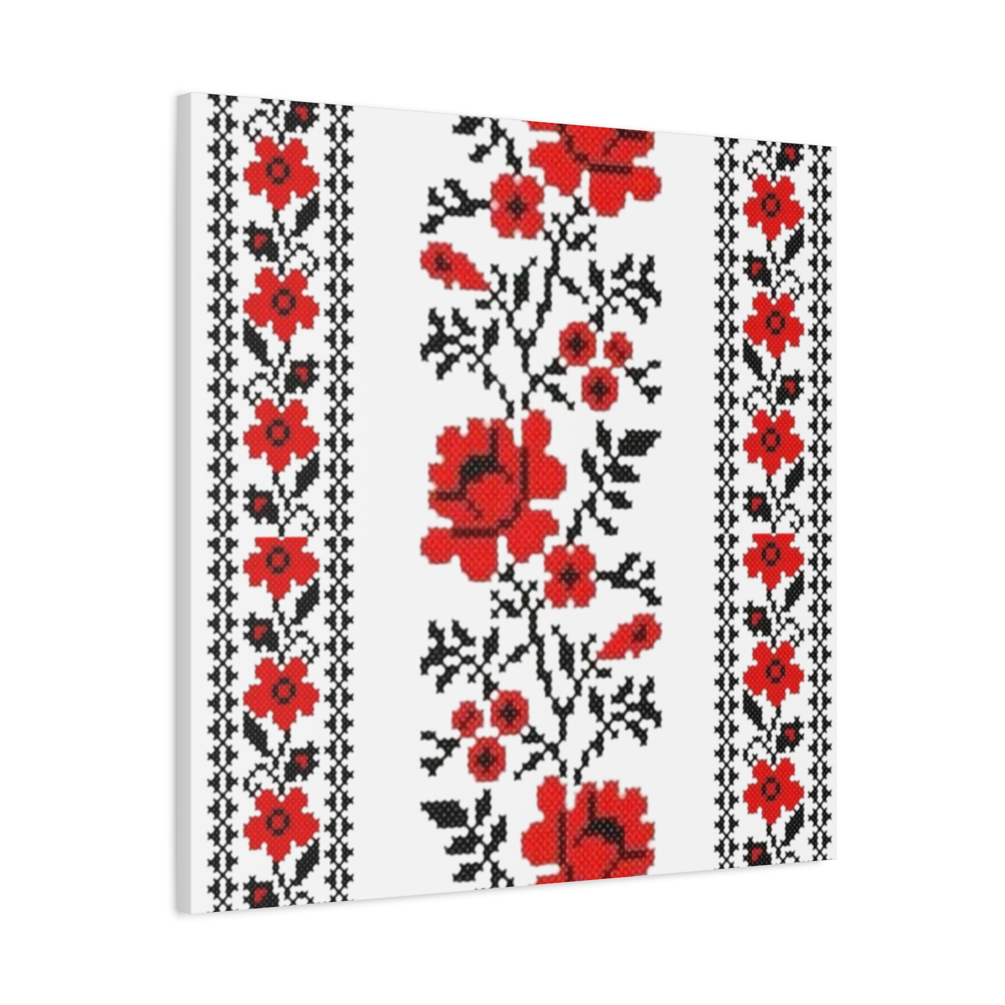 Ukrainian Embroidery Wall Art, Red Black Folk Floral Pattern, Traditional Slavic Home Decor Canvas for Living Room or Entryway, Matte Print, Stretched 1.25" Ready to Hang