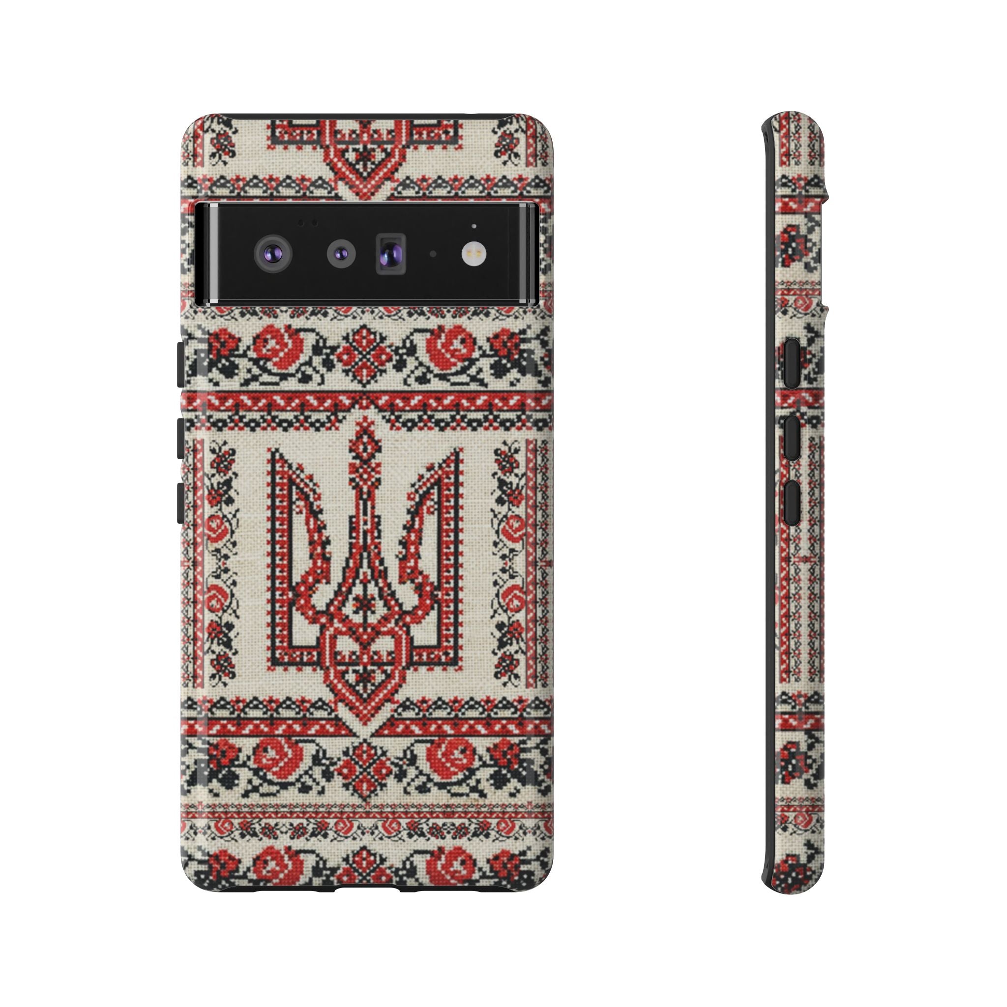 Ukrainian Trident Embroidery Phone Case • Red Black Trident Pattern • Protective Folk Art Cover for iPhone & Samsung