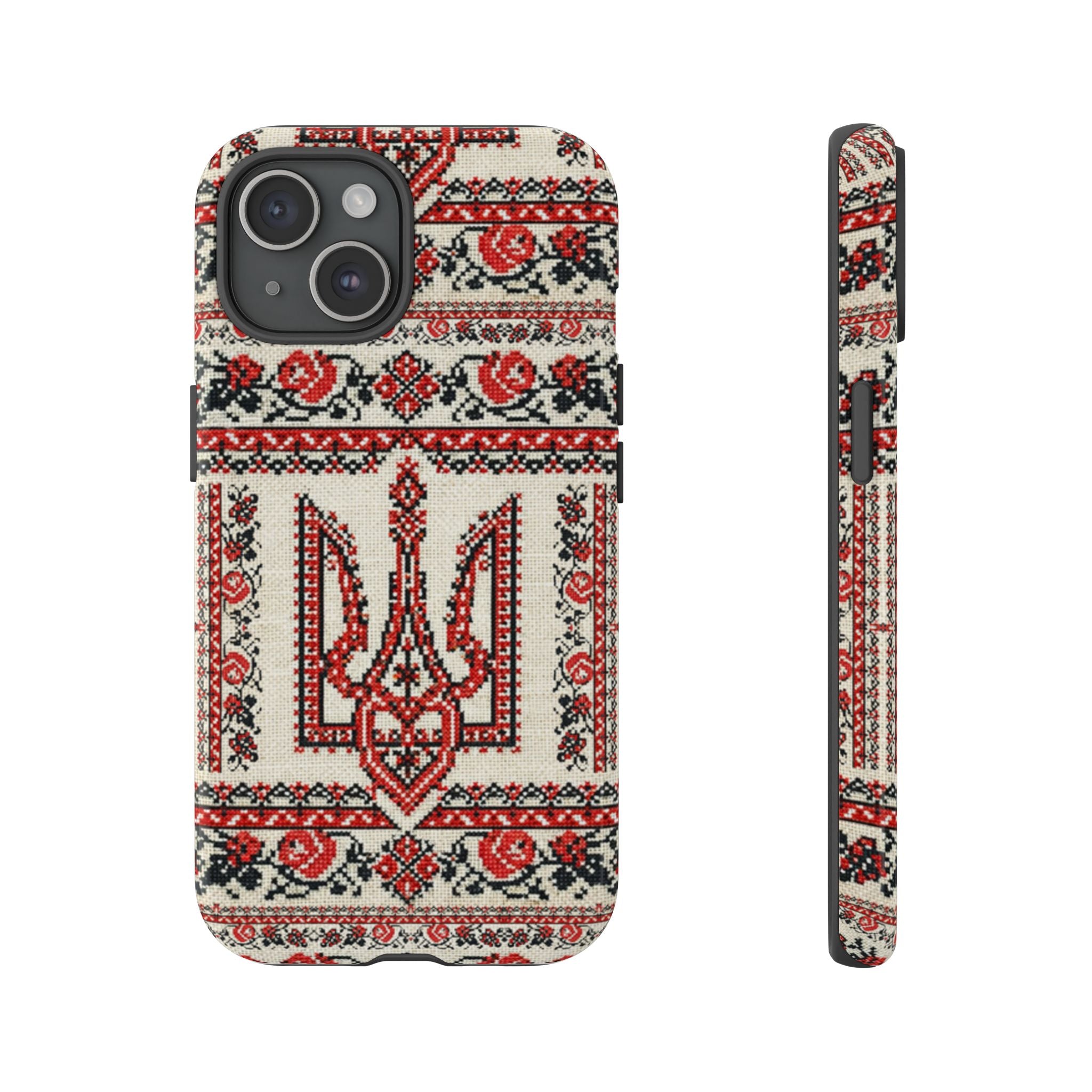 Ukrainian Trident Embroidery Phone Case • Red Black Trident Pattern • Protective Folk Art Cover for iPhone & Samsung