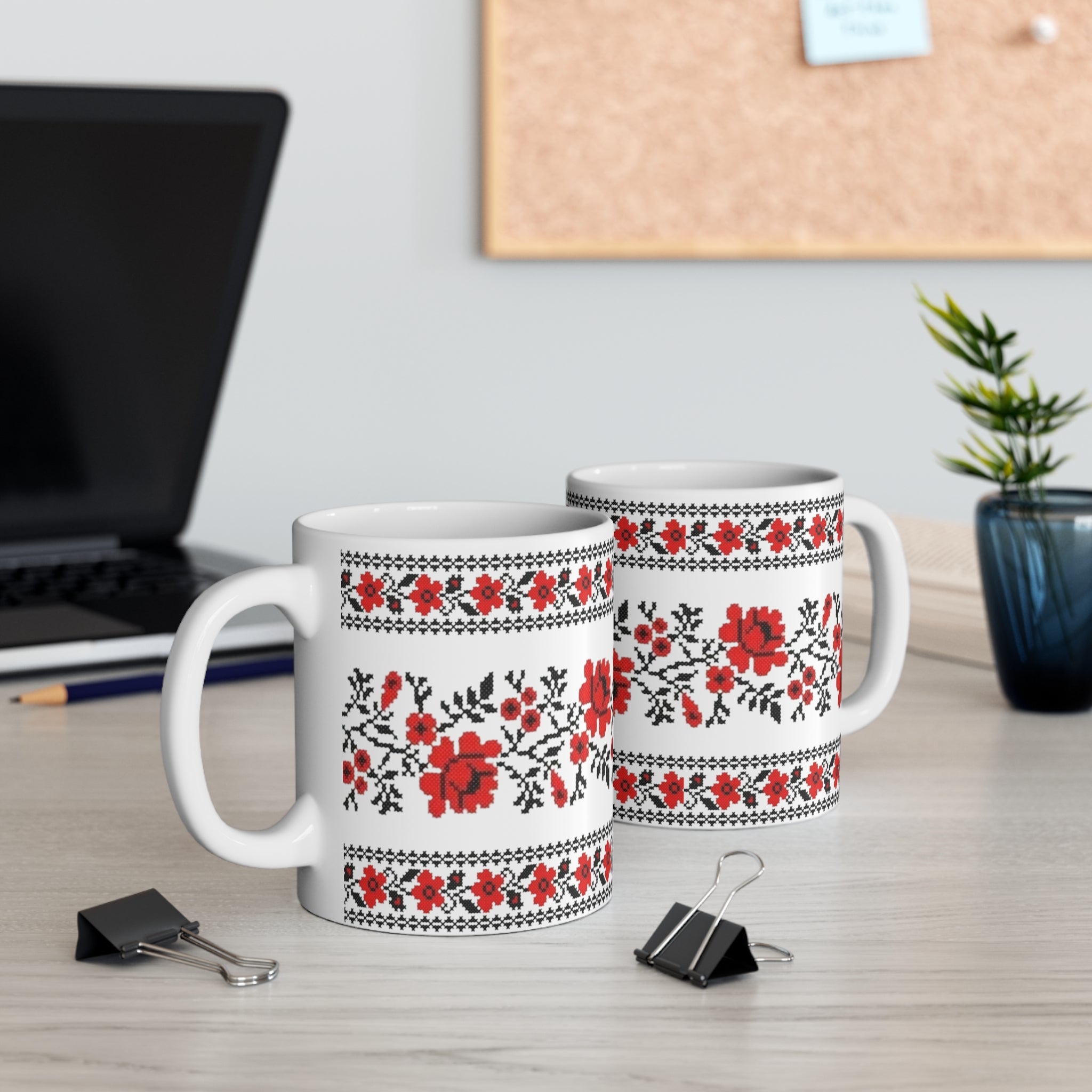 Red Pattern Ukrainian Pattern Mug 11 oz,  Folk Design Coffee Cup, Slavic Geometric Print Ceramic Mug