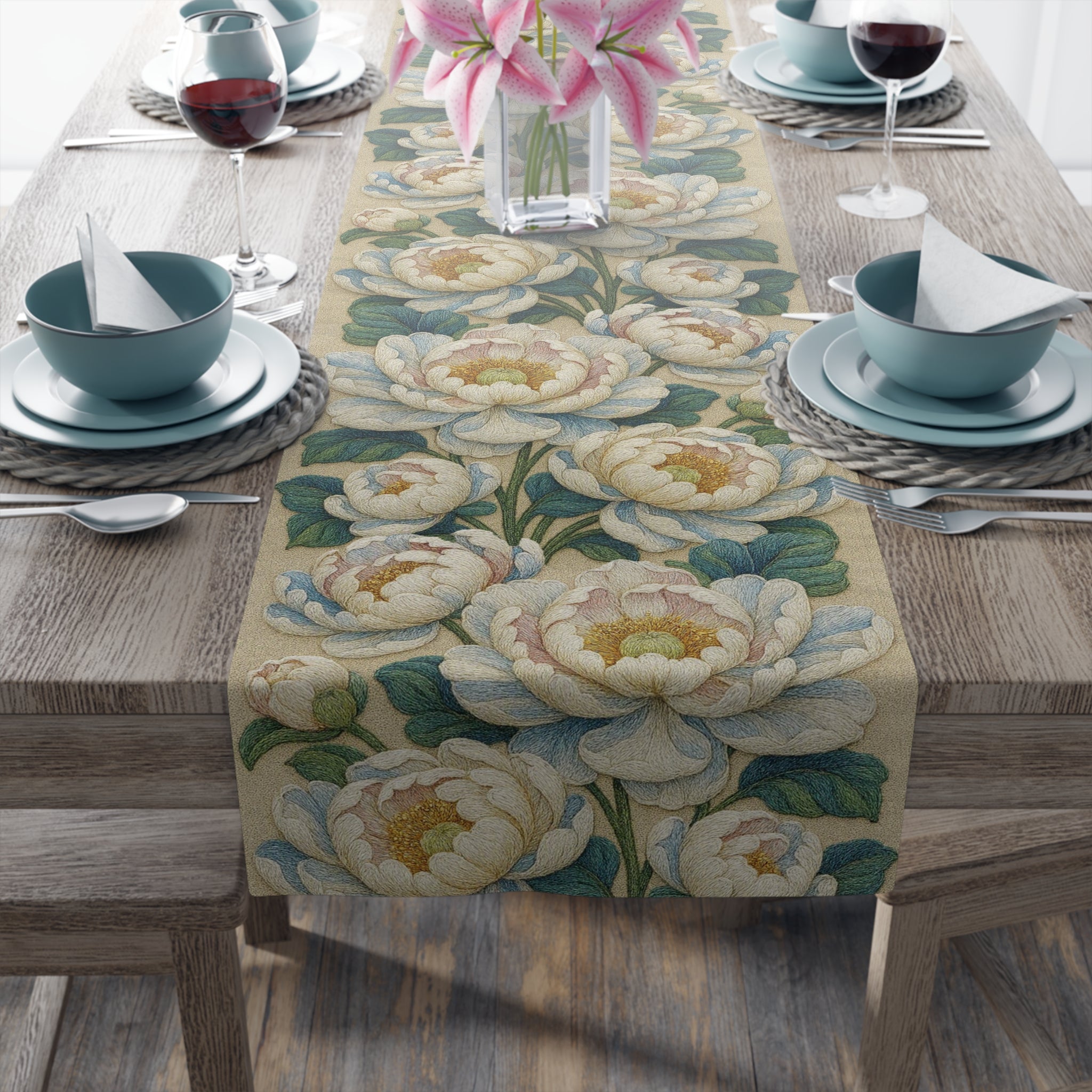 Petrykivka Bloom Table Runner – White Peony Floral, Sage Green, Cotton or Polyester