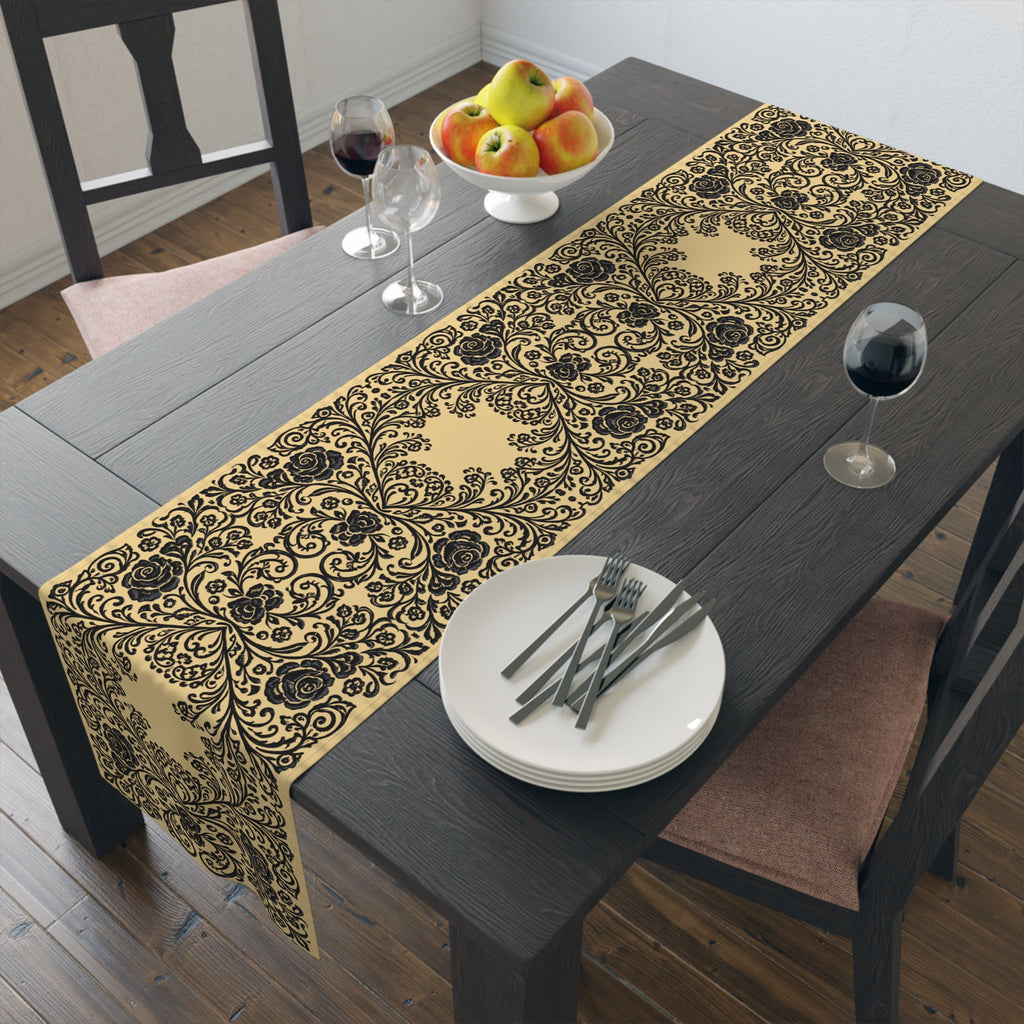 Vintage Baroque Floral Table Runner | Damask Cream & Black | BLUESKYDEZIGN