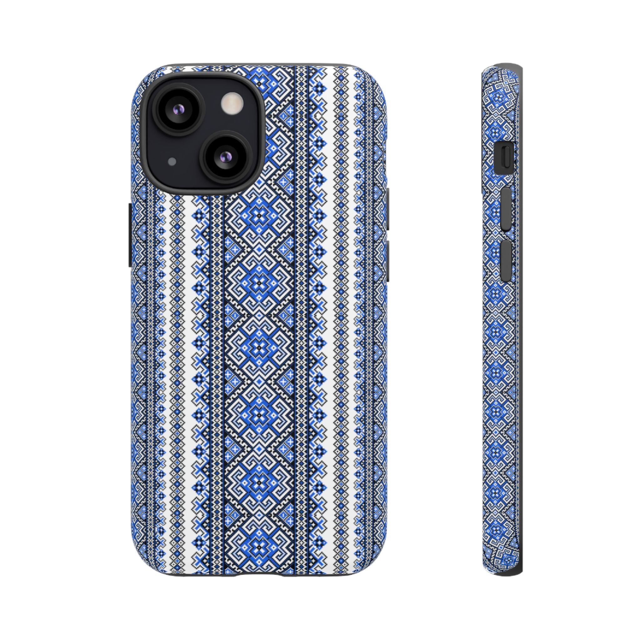 Ukrainian Pattern iPhone Case, Blue Black Geometric Folk Design, Protective Phone Cover, Traditional Ethnic Print