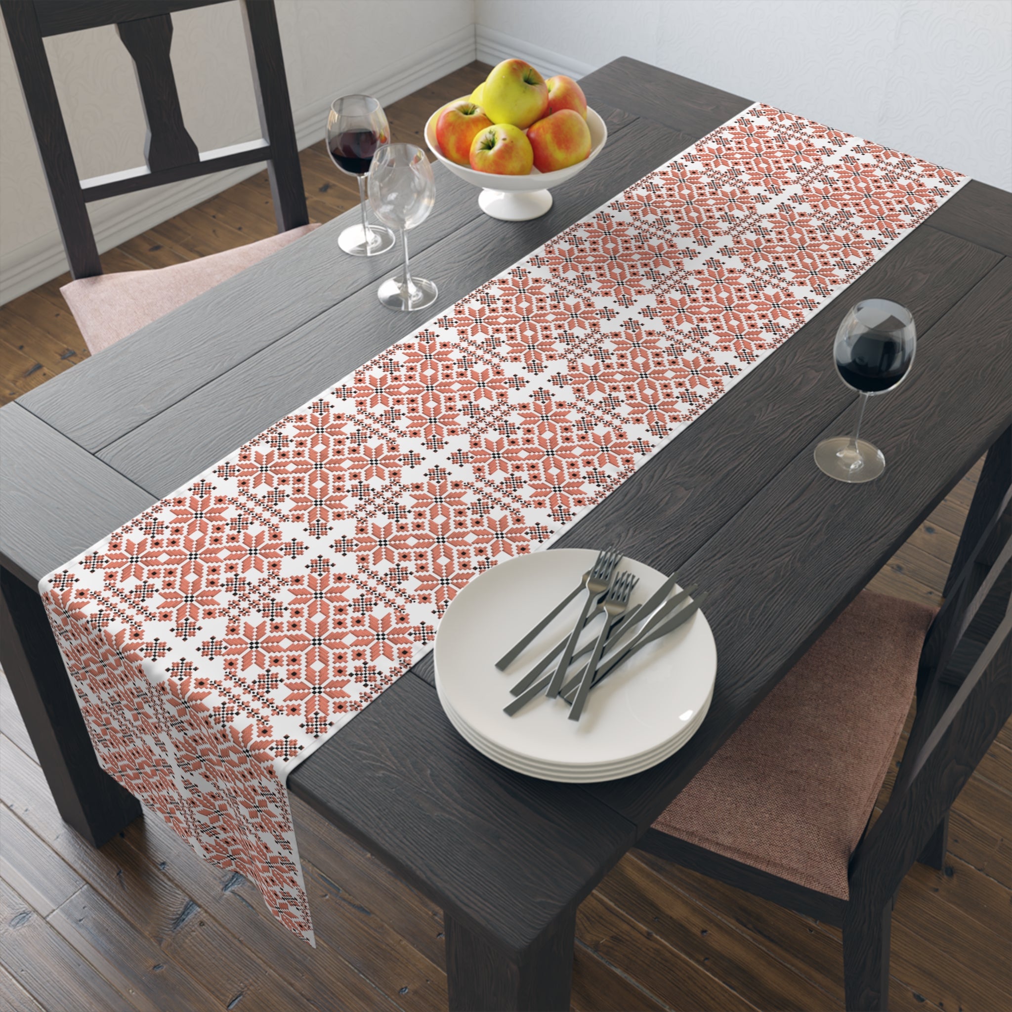 Mariia Red Table Runner | Ukrainian Folk Embroidery | Red & Black Geometric Dining Linen
