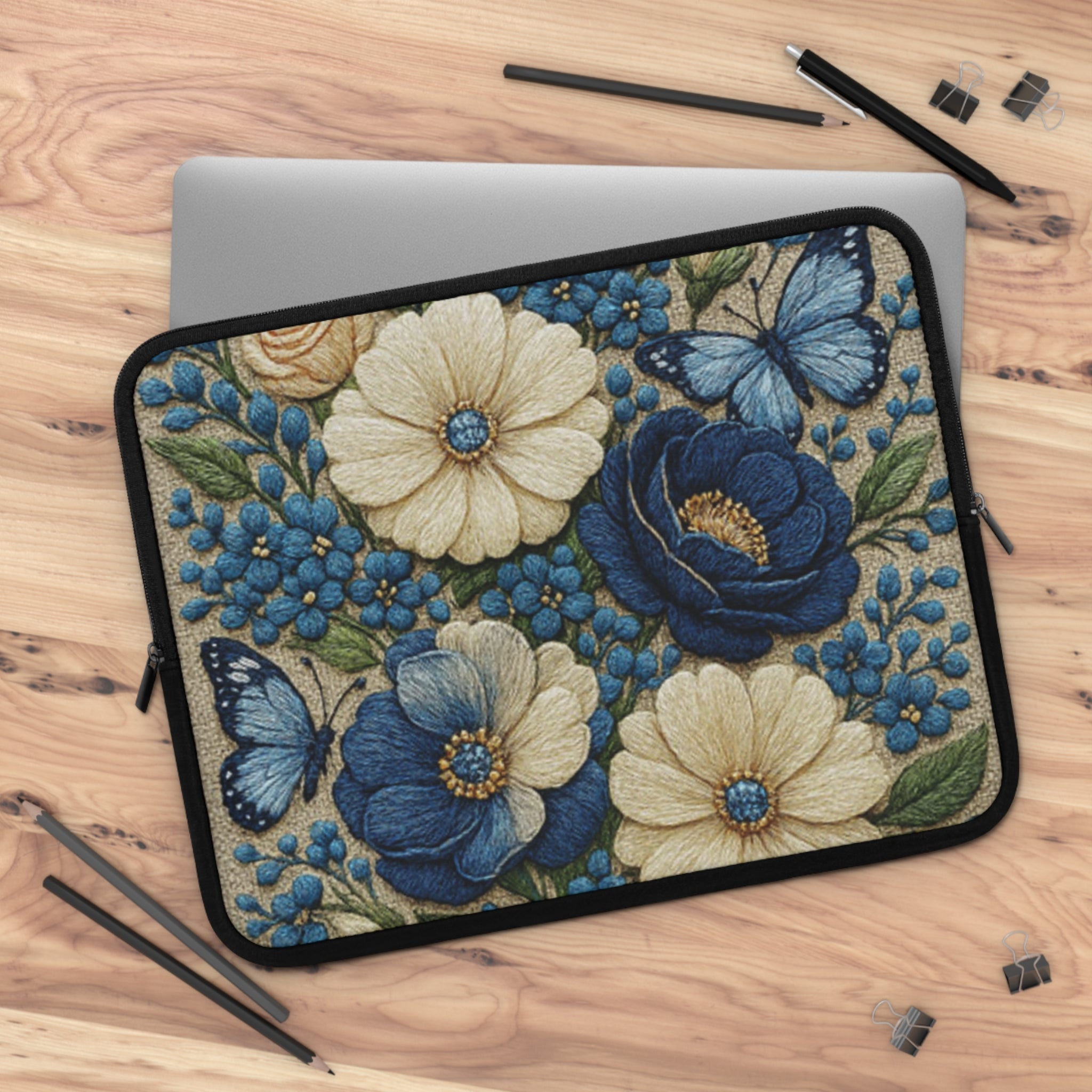 Wild Beauty Floral Laptop Sleeve | Blue Cream Botanical Neoprene Case with Zipper | Cottagecore Tech Bag