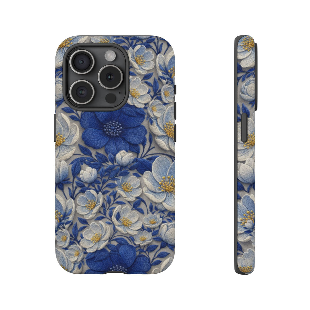 Denim Soul Indigo Floral Tough Phone Case – Dual-Layer Protective Cover for iPhone