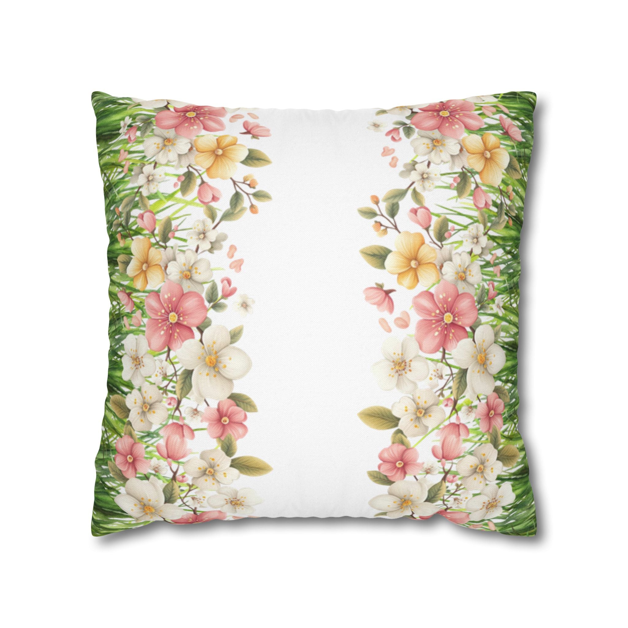 Spring Floral Pillowcase 1piece, Polyester Cushion Cover, Green Grass Border with Pink  White Flowers, Spring Home Decor