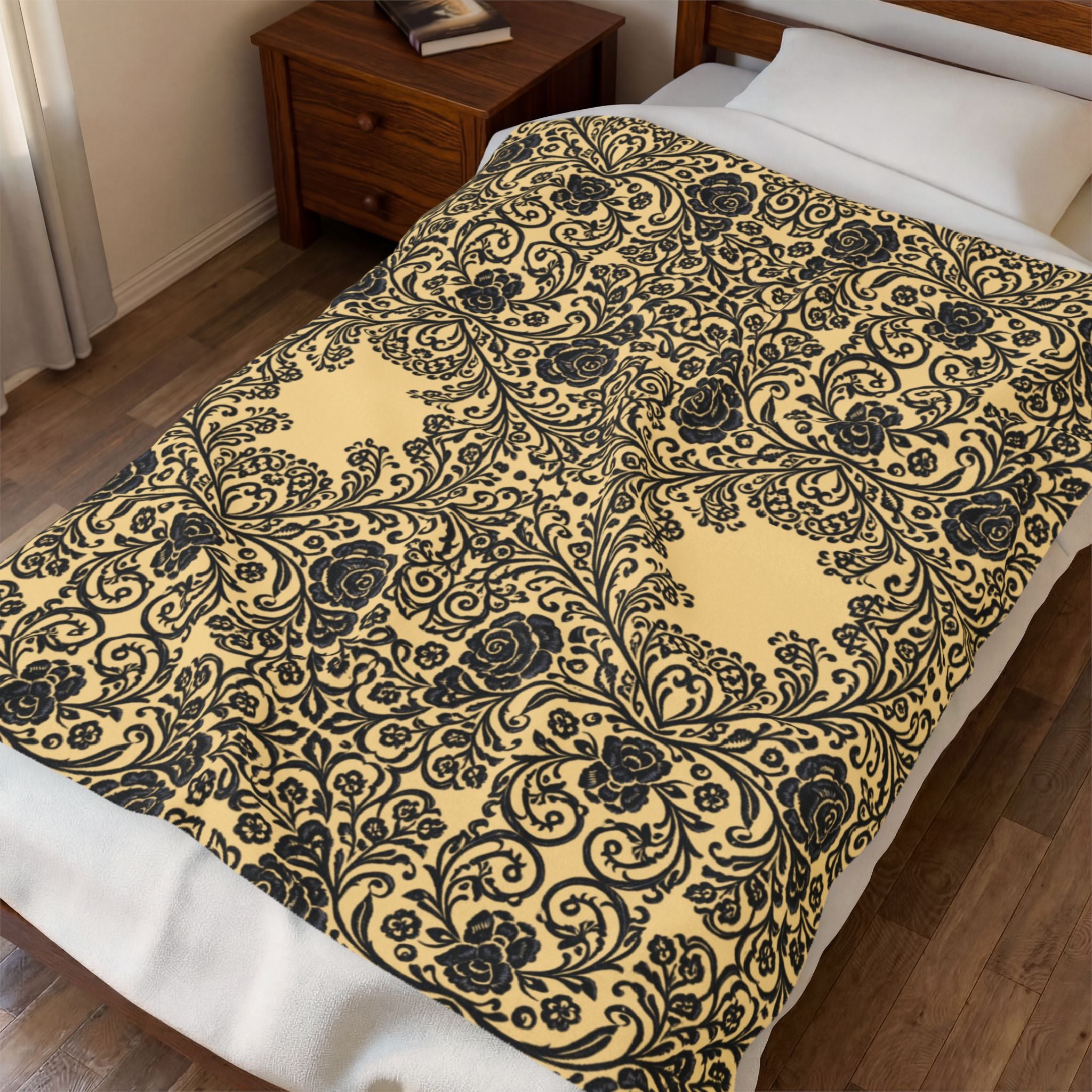 Velveteen Plush Blanket | Vintage Baroque Damask Gold Throw | BLUESKYDEZIGN