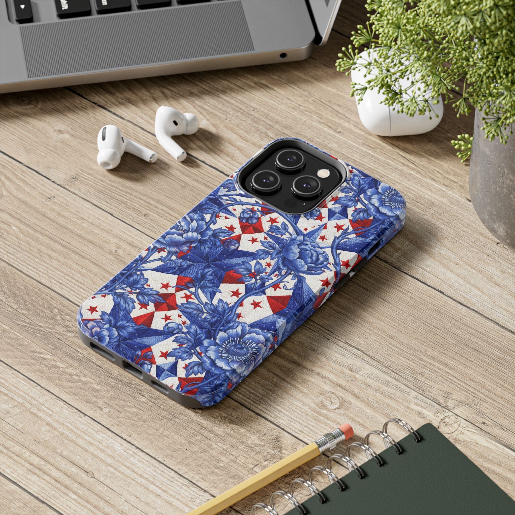 BLUESKYDEZIGN | America 250th Anniversary Phone Case | Blue Toile Floral Patriotic Star Patchwork iPhone Cover