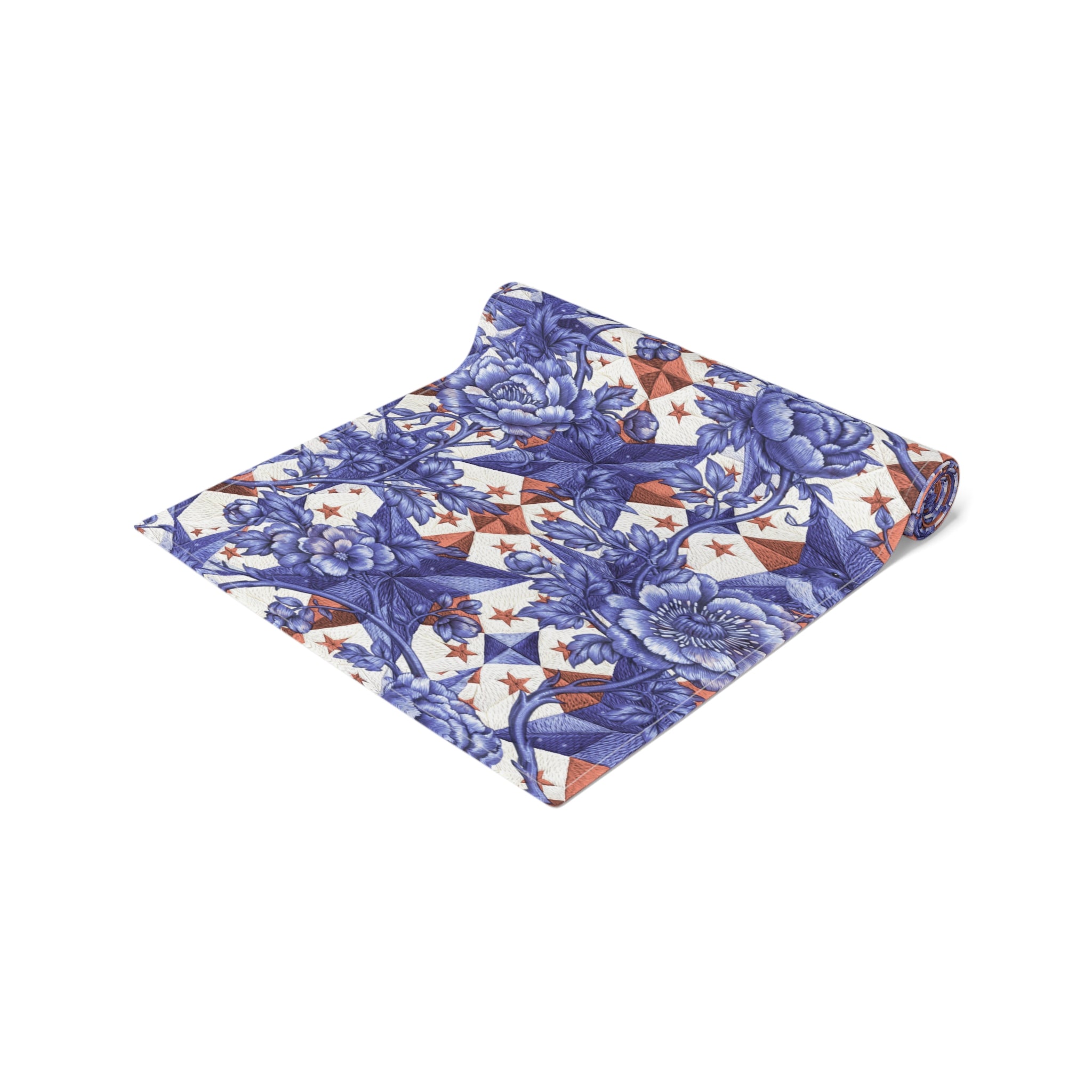America 250th Anniversary Table Runner - Blue Toile-Inspired Floral & Patriotic Stars Patchwork Decor