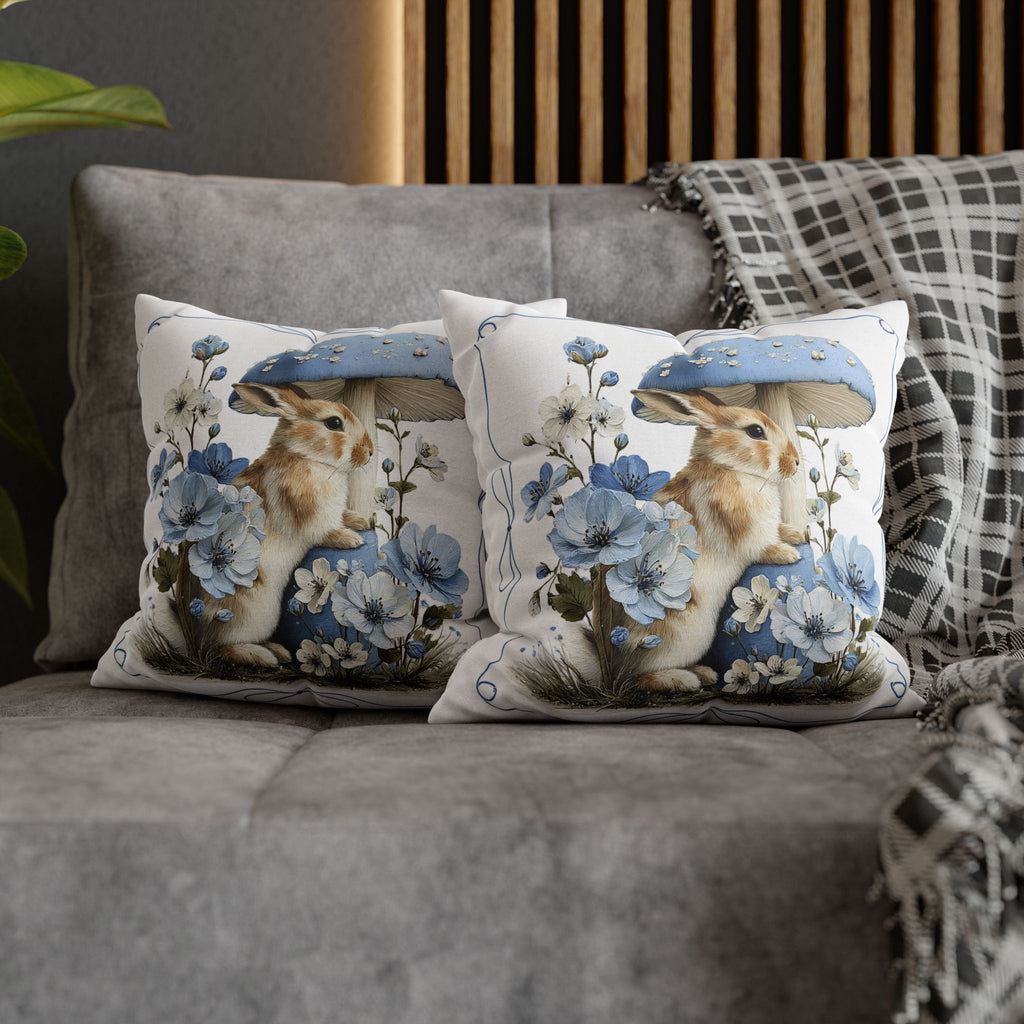 Blue Floral Bunny Collage Pillowcase | Square Decorative Pillowcase