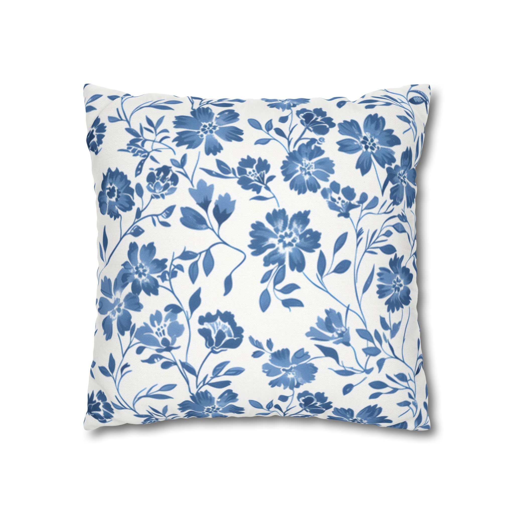 Light Blue Floral Pillowcase Spun Polyester Square Pillowcase | Blue Flower Pillow Cover