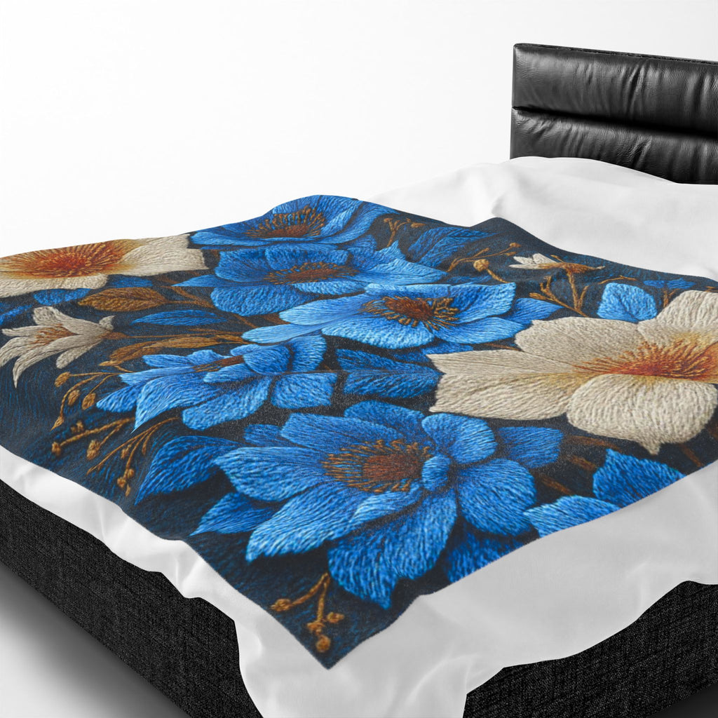 Midnight Symphony Velveteen Plush Blanket | Navy Blue & Cream Botanical Throw