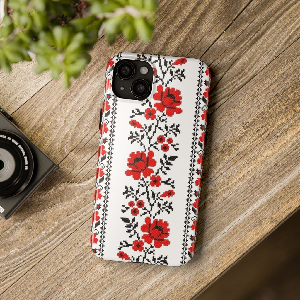 BLUESKYDEZIGN | Ukrainian Embroidery Phone Case | Red Black Cross-Stitch Folk Pattern iPhone Cover | Heritage Gift