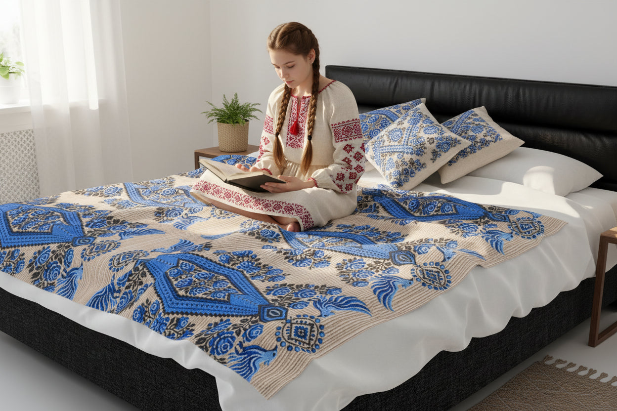 Ukrainian Berehynia blanket with blue black folk art geometric pattern on bed
