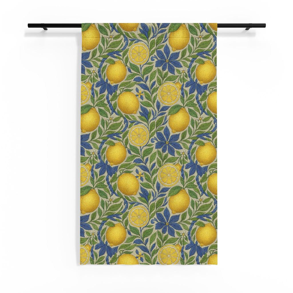 Citrus Riviera Lemon Sheer Curtain, Botanical Fruit Window Panel, Yellow & Blue Floral Summer Drapery, William Morris Style Kitchen Decor