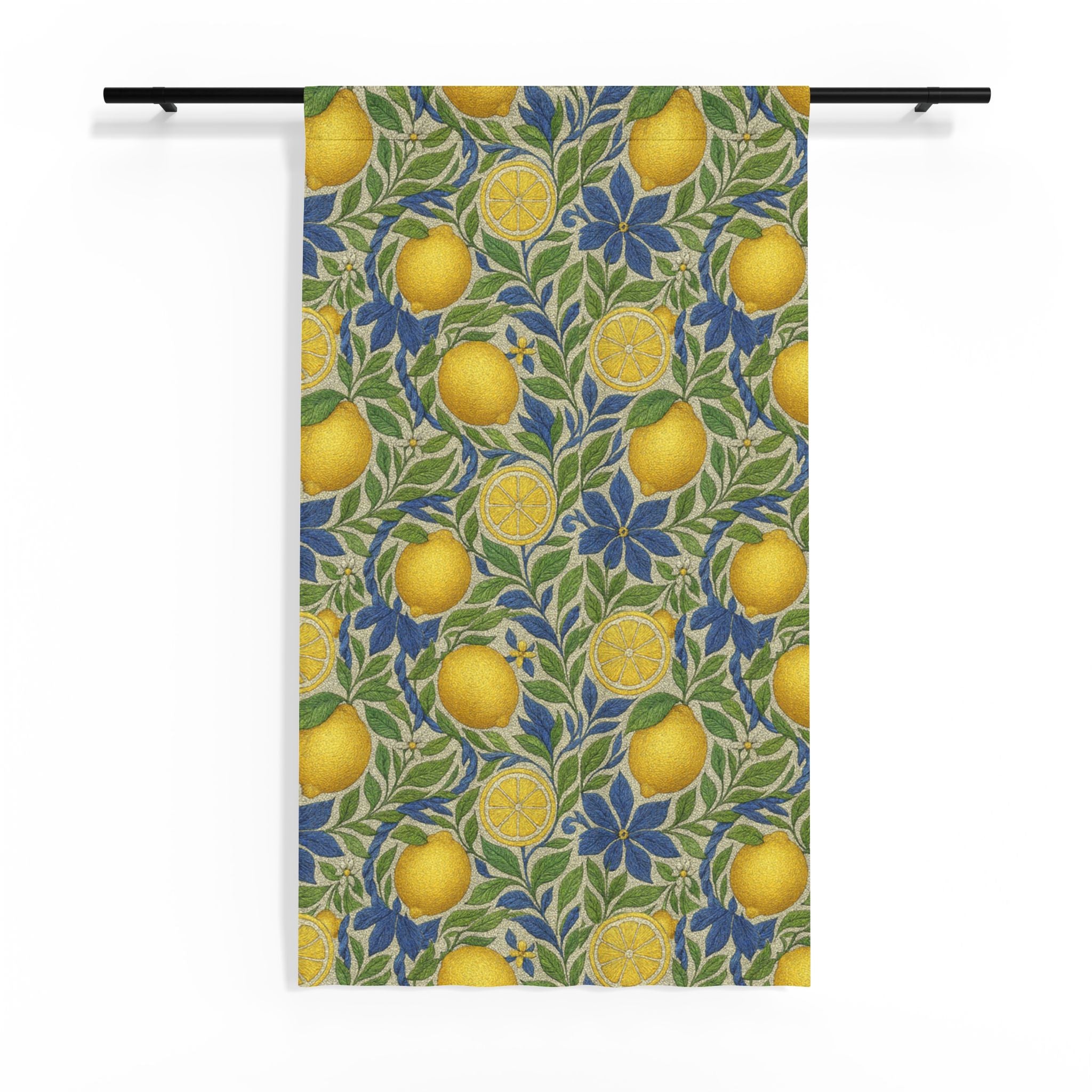 Citrus Riviera Lemon Sheer Curtain, Botanical Fruit Window Panel, Yellow & Blue Floral Summer Drapery, William Morris Style Kitchen Decor