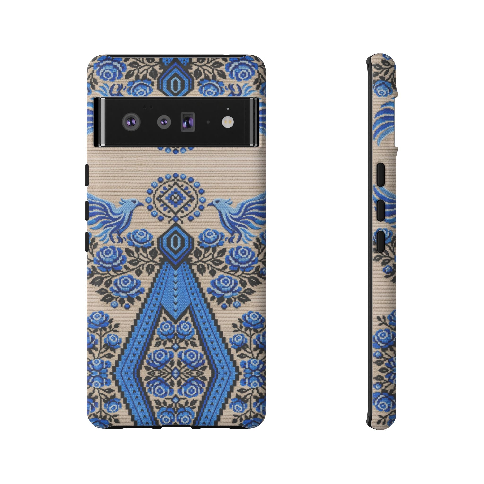 Ukrainian Phone Case  Blue Black Berehynia Design, Falcons & Roses Folk Art, Slavic Embroidery Style Protective Cover