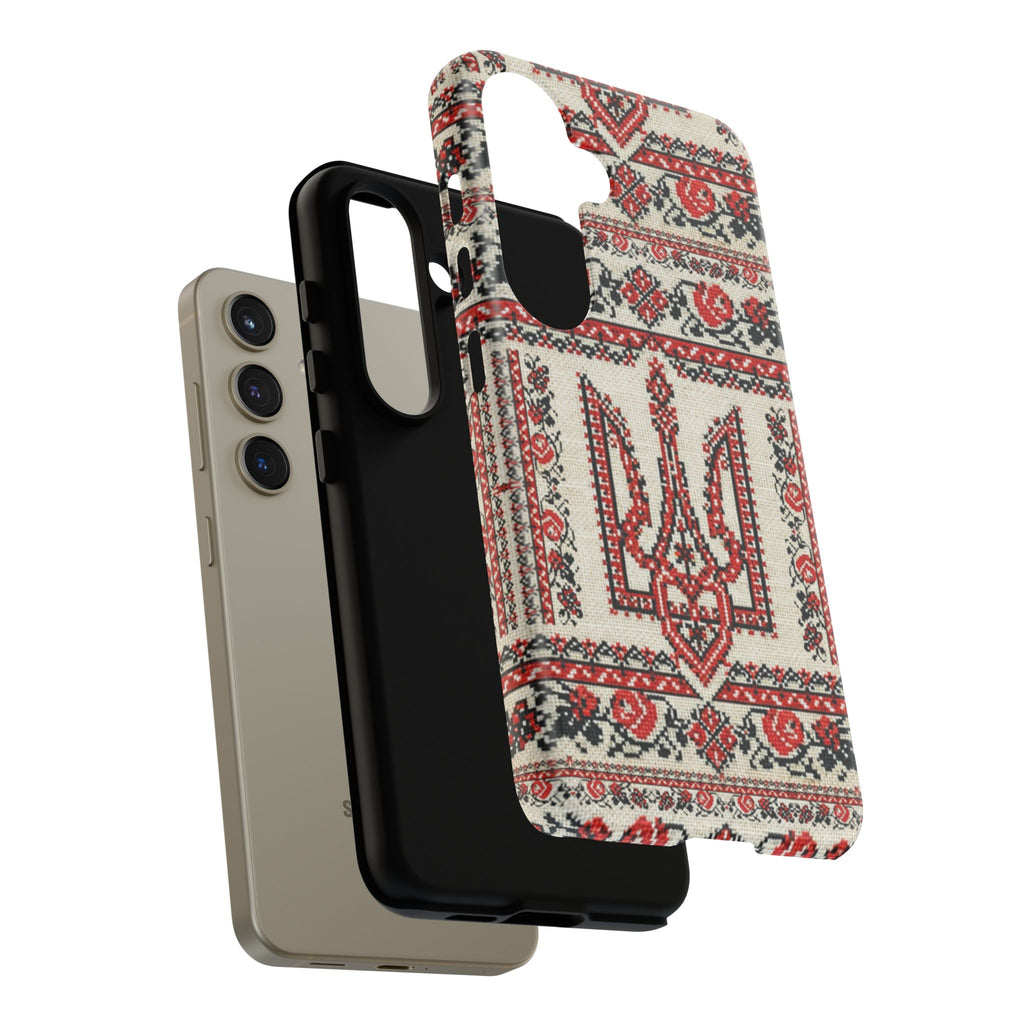 Ukrainian Trident Embroidery Phone Case • Red Black Trident Pattern • Protective Folk Art Cover for iPhone & Samsung