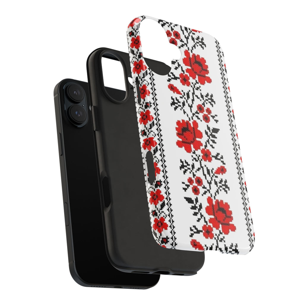 BLUESKYDEZIGN | Ukrainian Embroidery Phone Case | Red Black Cross-Stitch Folk Pattern iPhone Cover | Heritage Gift
