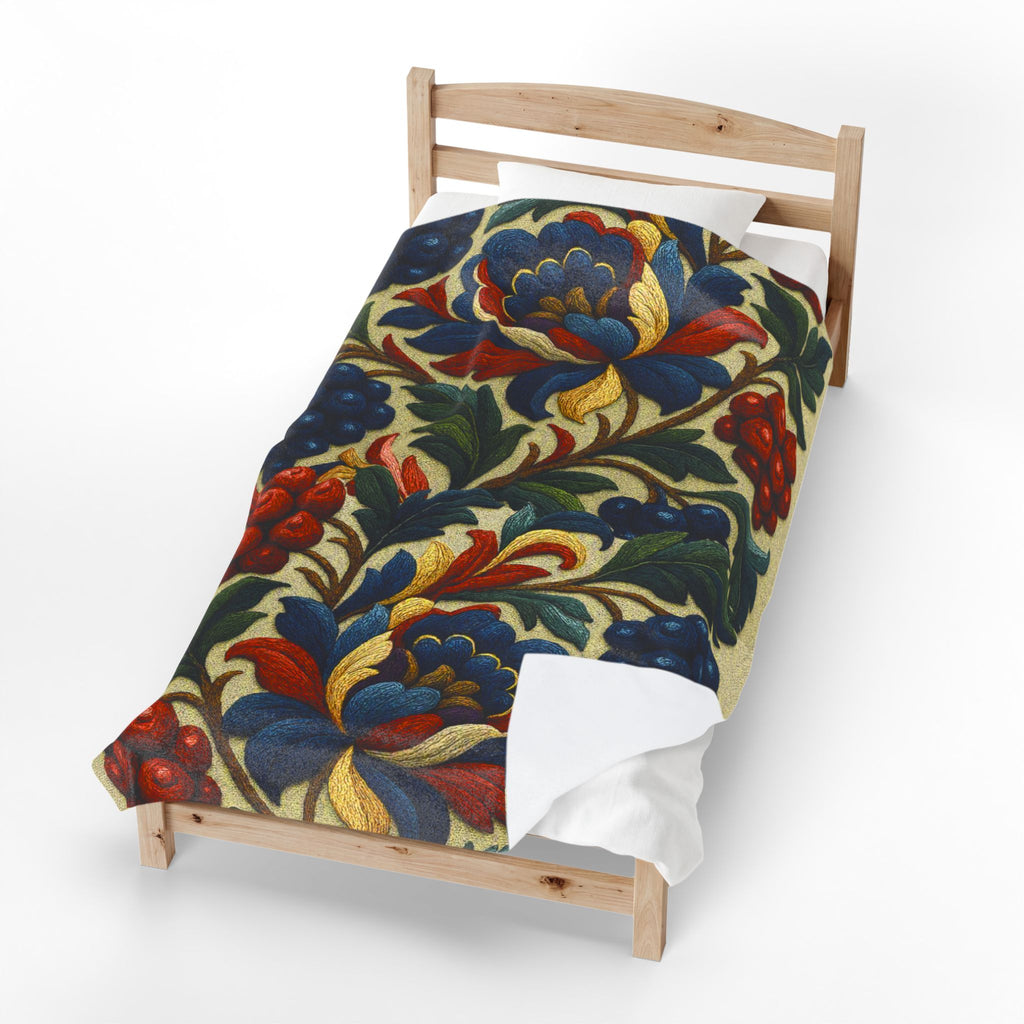 BLUESKYDEZIGN | Petrykivka Bloom Velveteen Blanket | Ukrainian Folk Art Floral Throw | Vintage Botanical Plush | Cottagecore Gift