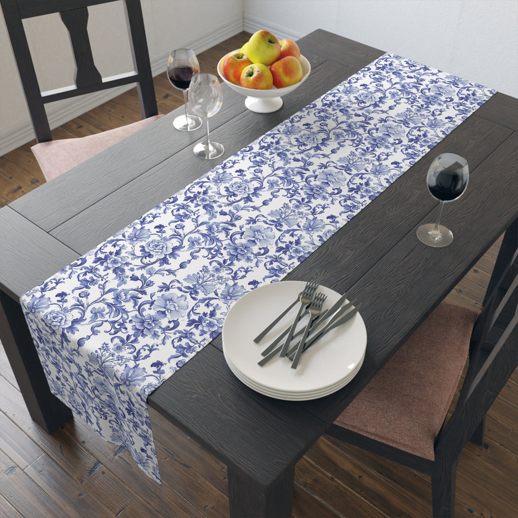 BLUESKYDEZIGN Blue Floral Tile Table Runner - Delft Porcelain Inspired Decor
