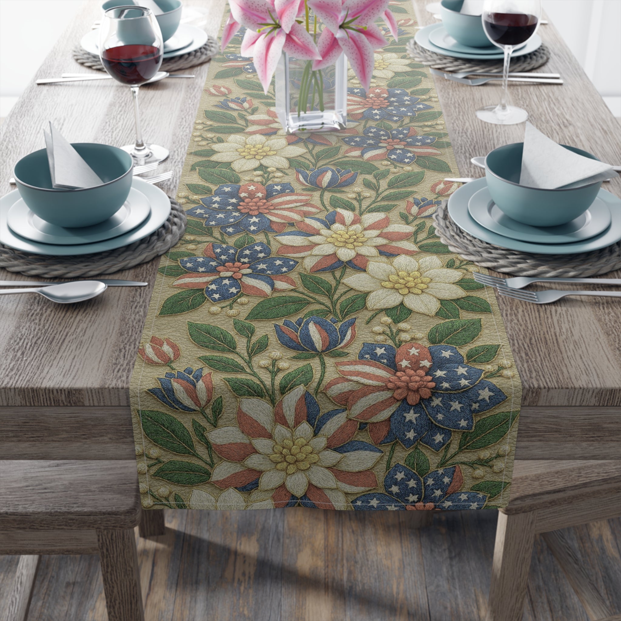 BLUESKYDEZIGN | Floral Americana Table Runner | Patriotic 4th of July Vintage Decor | Cotton or Polyester