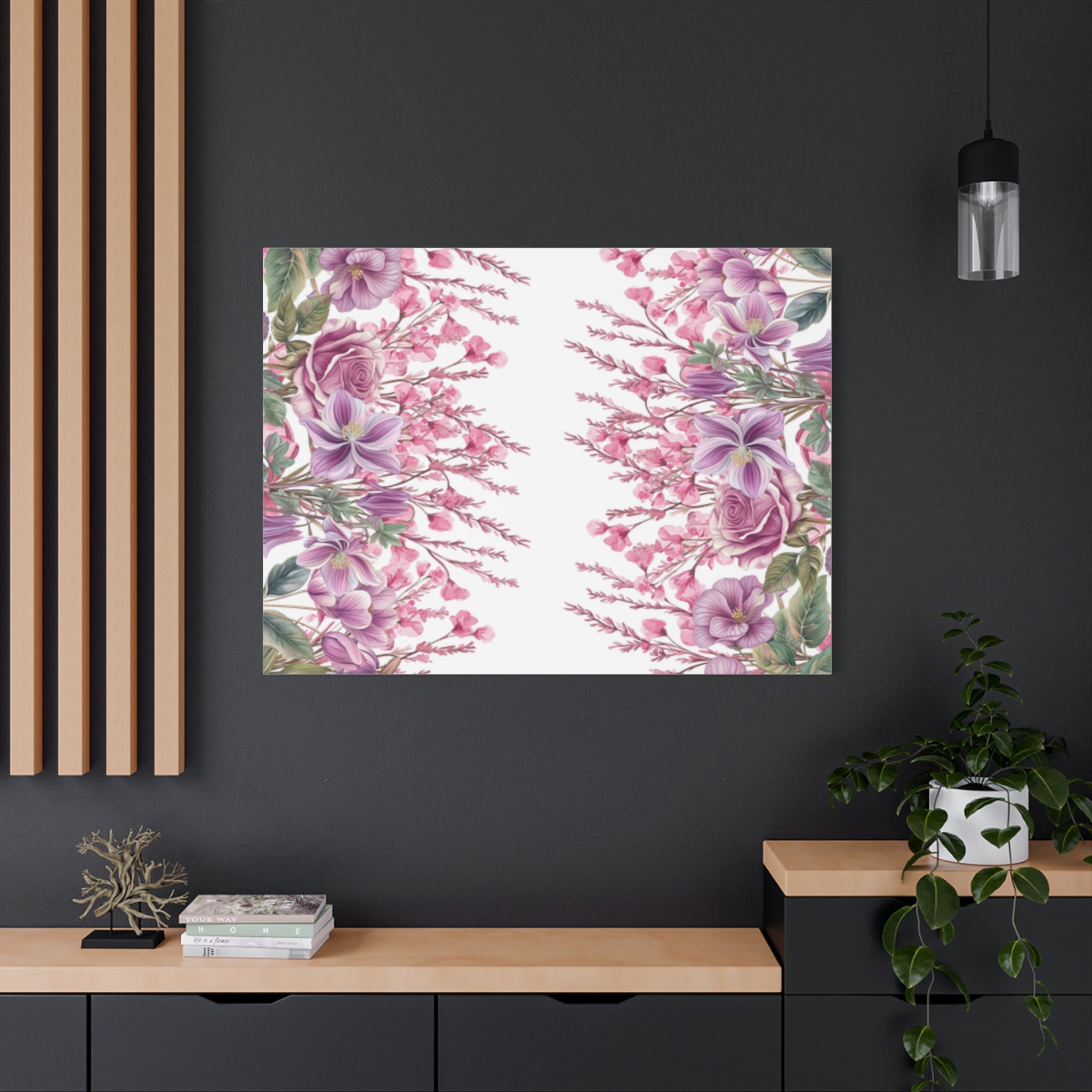 Floral Matte Canvas Wall Art, Pink Purple Botanical Print, Modern Symmetrical Flower Design, Stretched 1.25" Canvas Home Decor