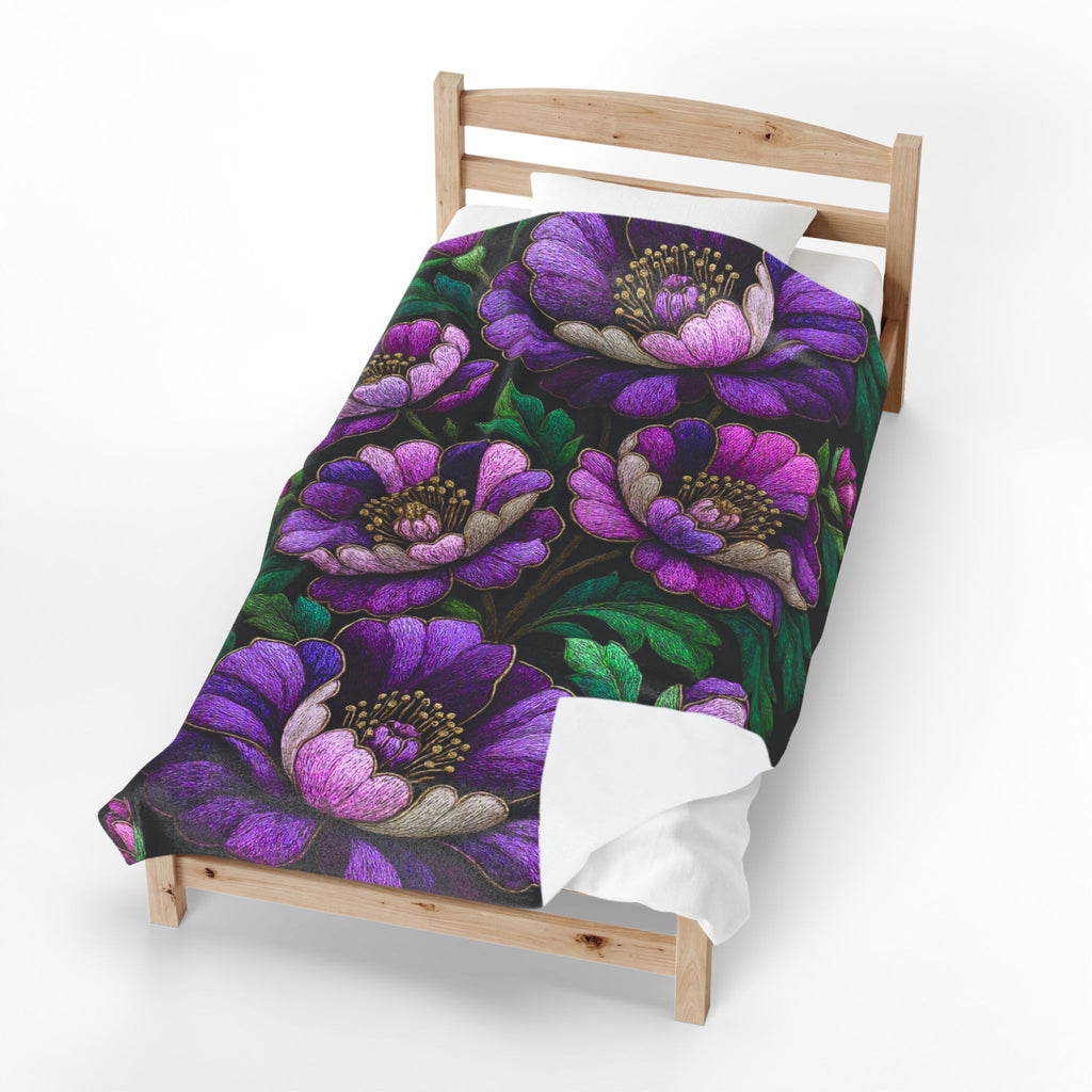 Petrykivka Bloom Blanket | Purple Peony Floral Plush Throw | Moody Embroidered Look Velveteen Cozy Blanket