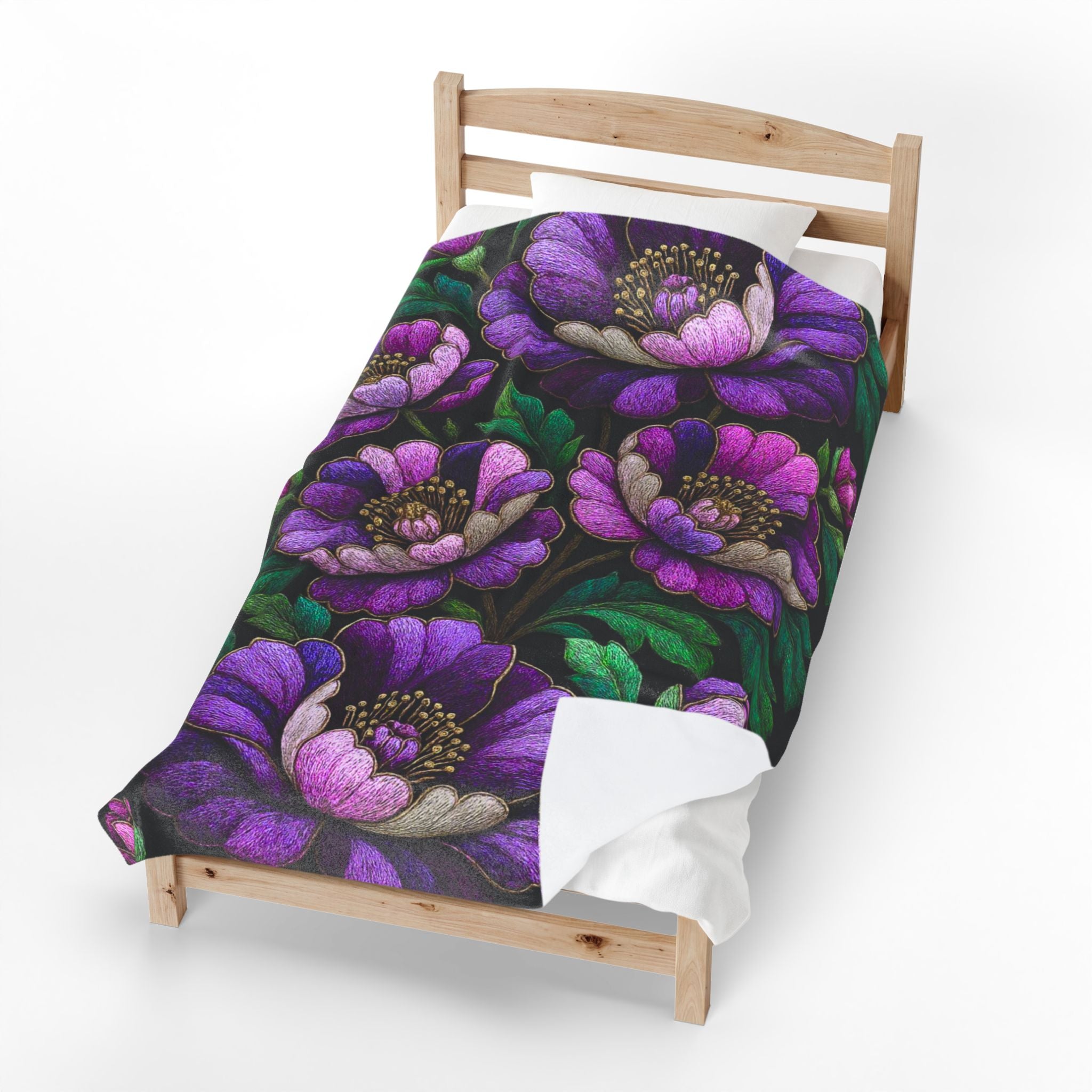 Petrykivka Bloom Blanket | Purple Peony Floral Plush Throw | Moody Embroidered Look Velveteen Cozy Blanket