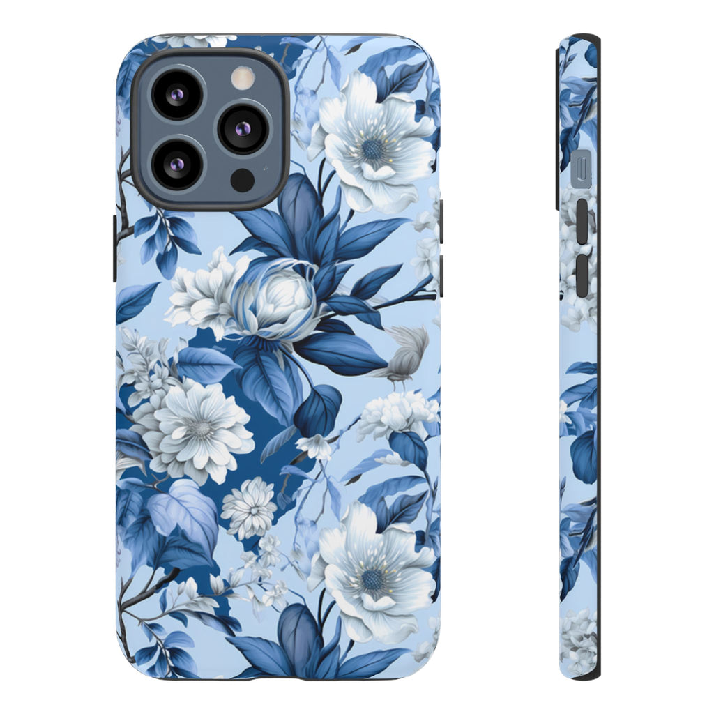 BLUESKYDEZIGN | Blue Floral Watercolor Phone Case – Indigo Rose Botanical Tough Cover for iPhone & Samsung