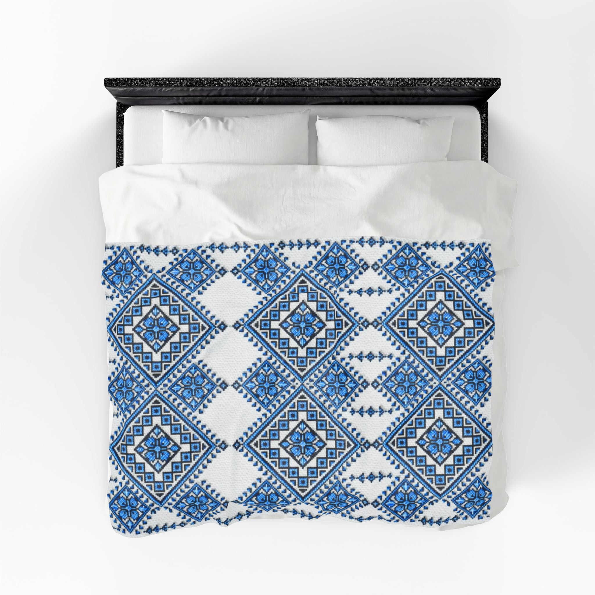 Blue Sky Folk Art Velveteen Plush Blanket | Ukrainian Heritage Geometric Throw
