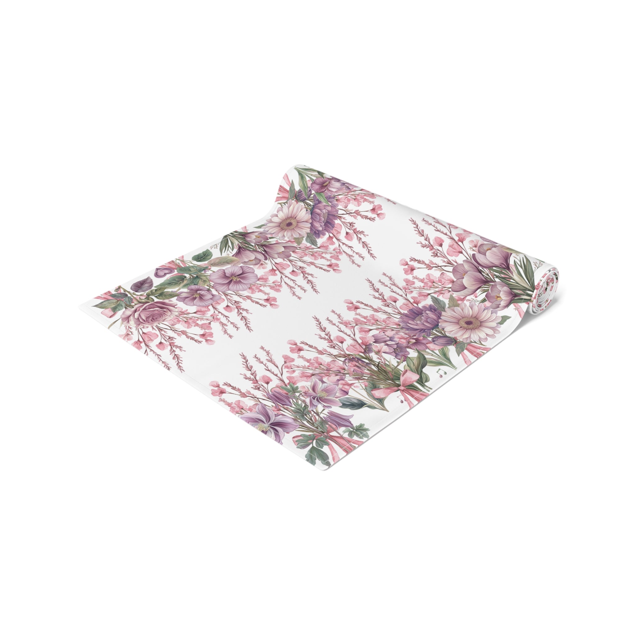 Spring Floral Table Runner, Cotton  Polyester, Pink  Purple Flower Design, Elegant Dining Table Decor, 16×72, 16×90