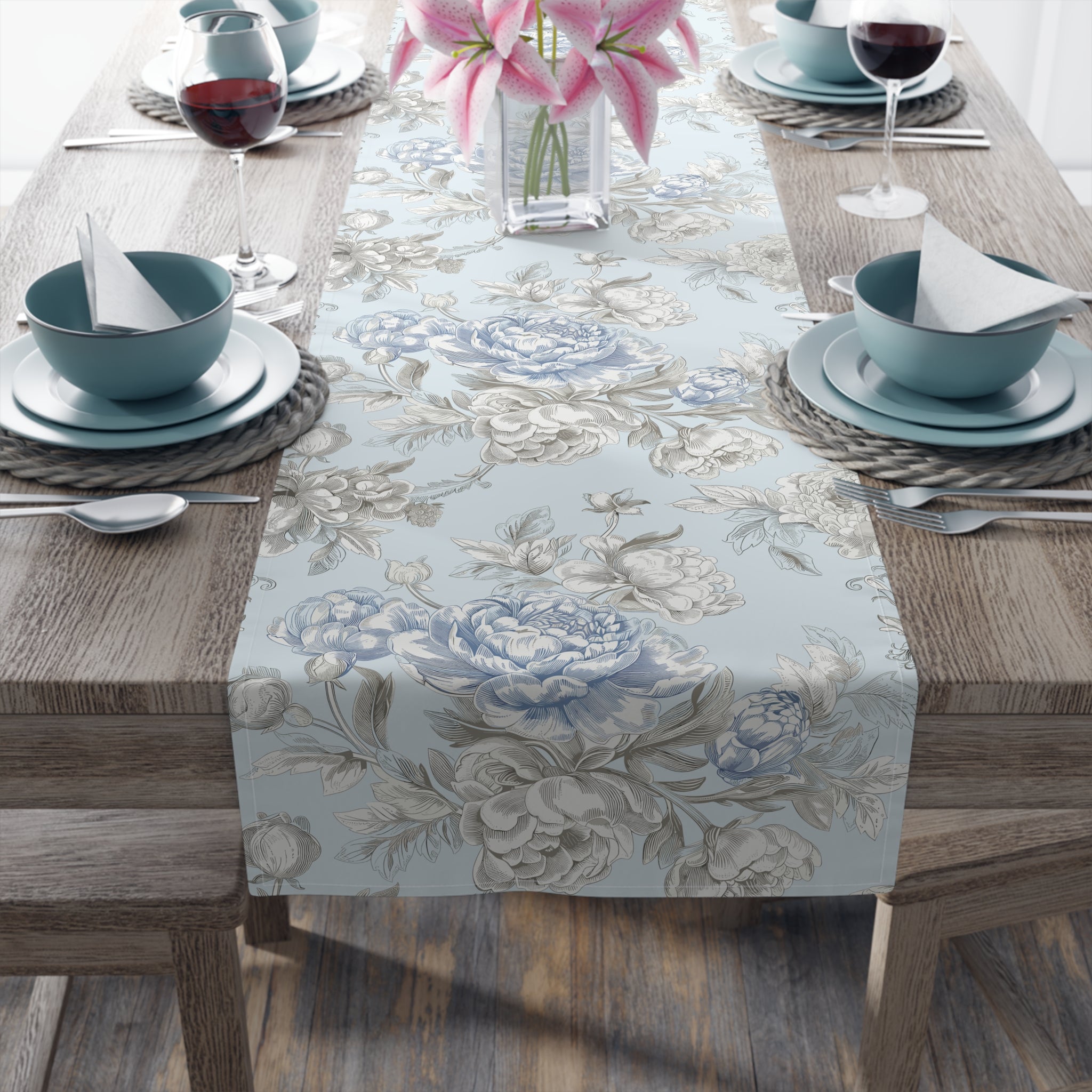 BLUESKYDEZIGN Blue Floral Table Runner - French Country Vintage Cottage Decor