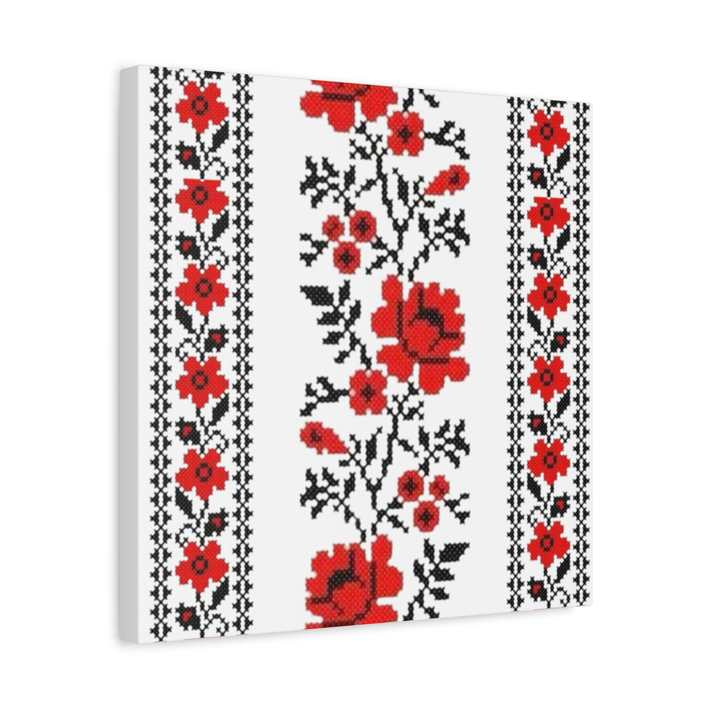 Ukrainian Embroidery Wall Art, Red Black Folk Floral Pattern, Traditional Slavic Home Decor Canvas for Living Room or Entryway, Matte Print, Stretched 1.25" Ready to Hang