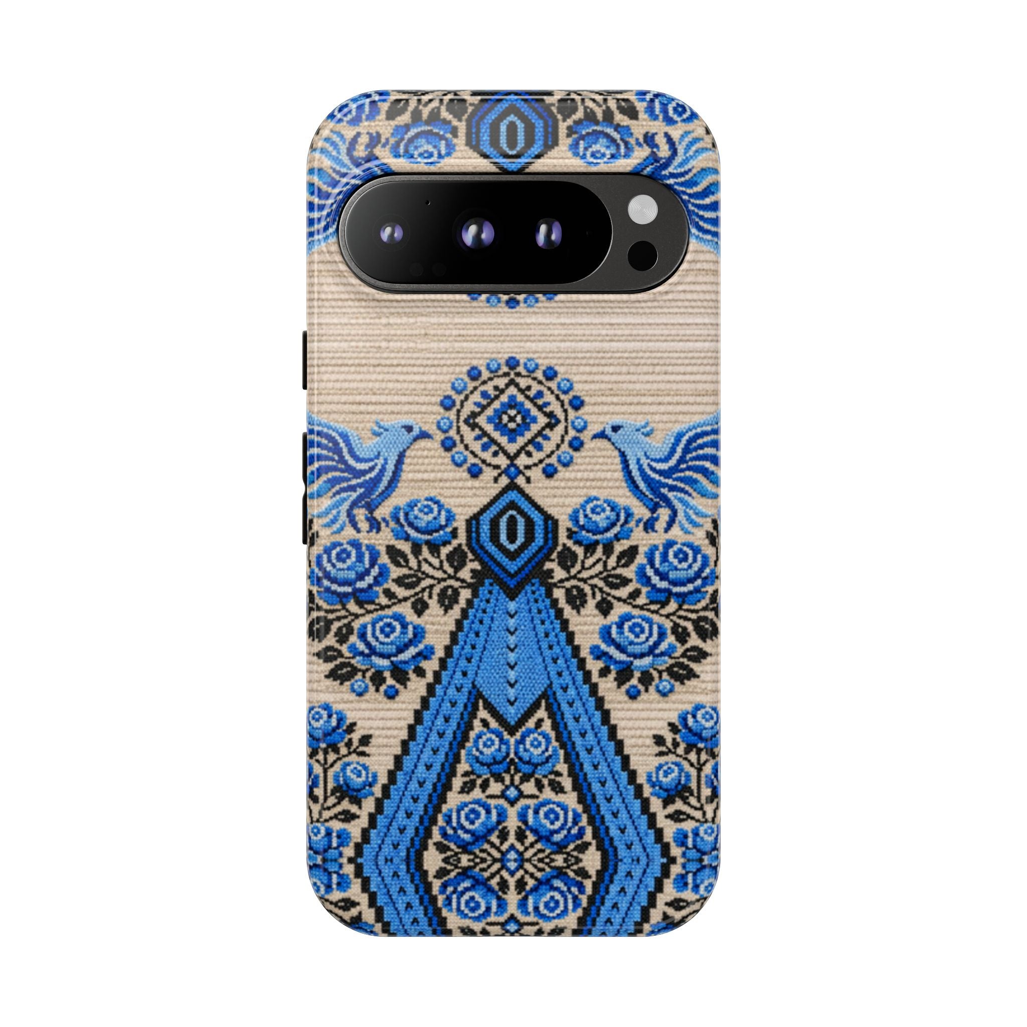 Ukrainian Phone Case  Blue Black Berehynia Design, Falcons & Roses Folk Art, Slavic Embroidery Style Protective Cover