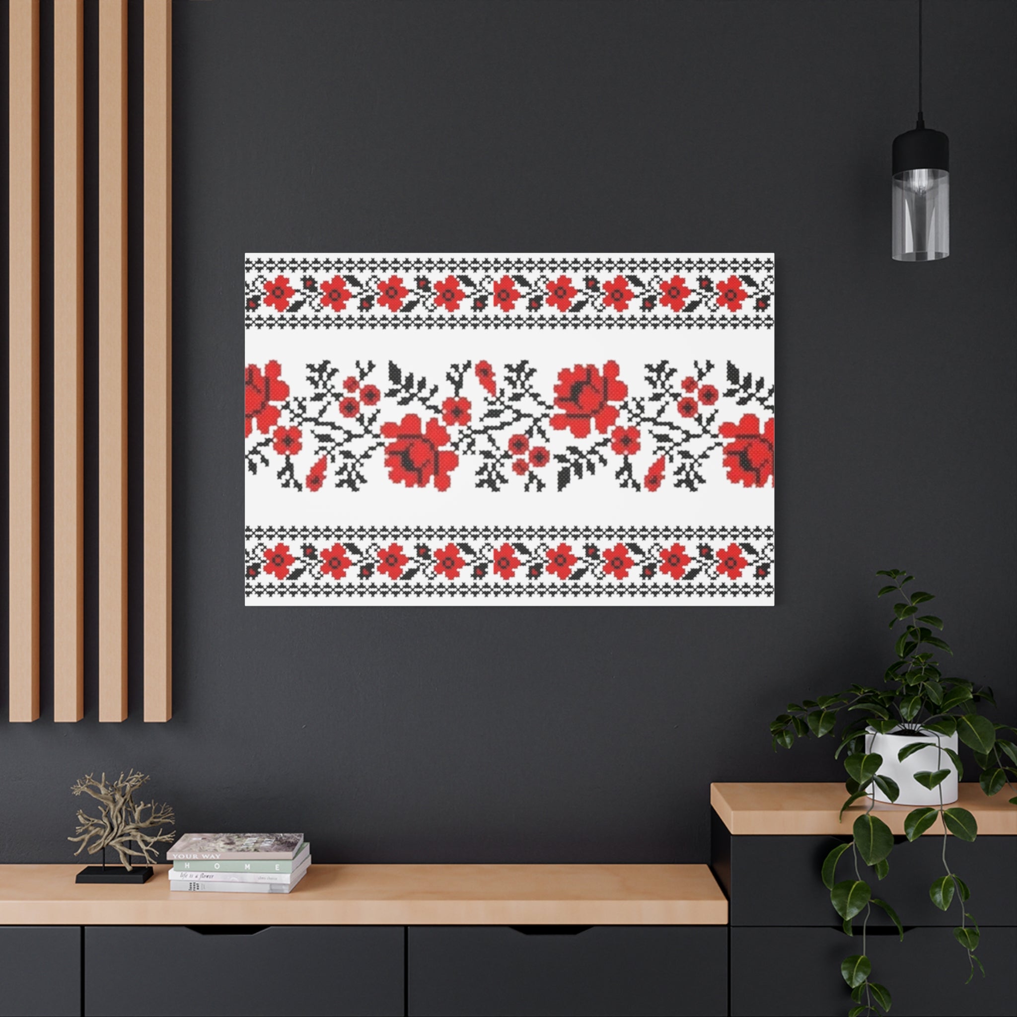 Ukrainian Embroidery Wall Art, Red Black Folk Floral Pattern, Traditional Slavic Home Decor Canvas for Living Room or Entryway, Matte Print, Stretched 1.25" Ready to Hang