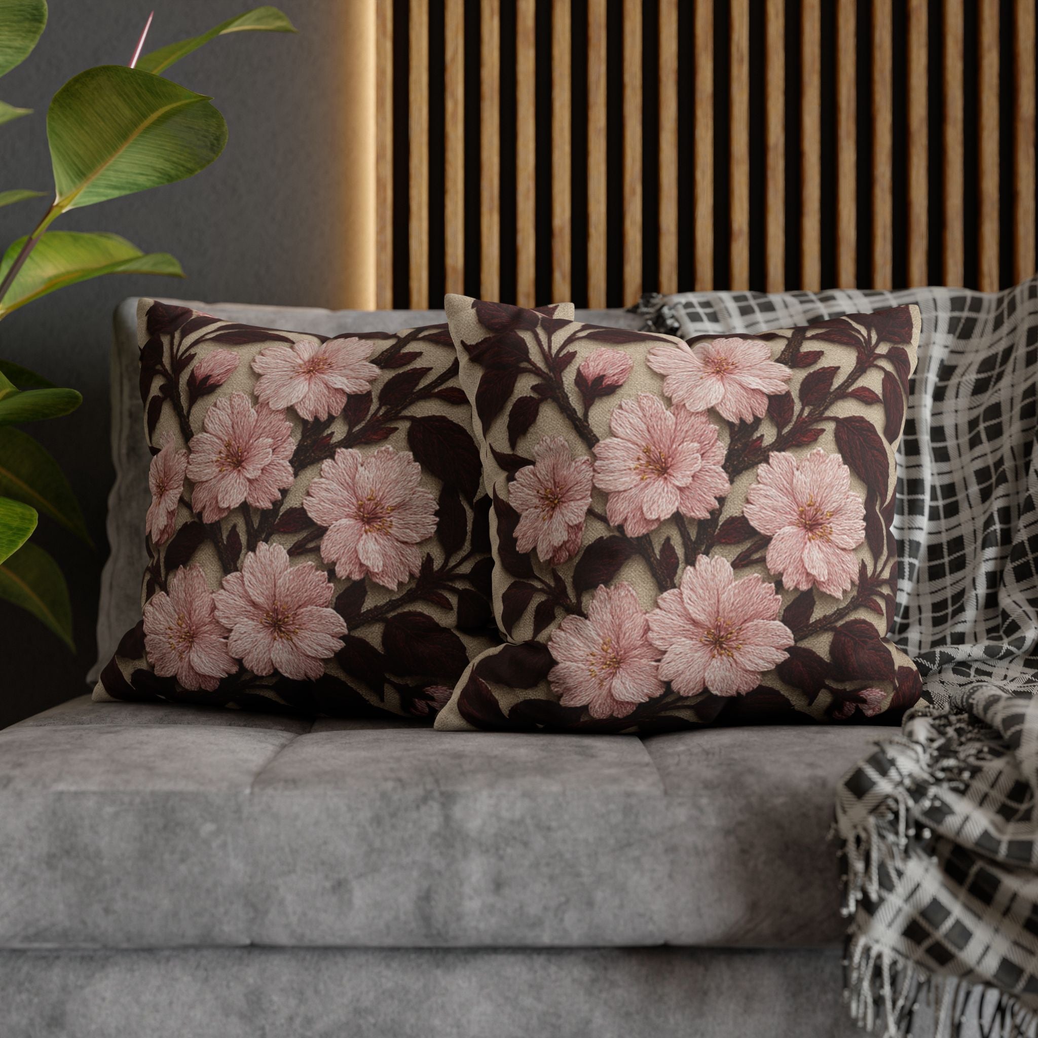 Sakura Noir Decorative Pillow Cover — Vintage Pink Floral Cushion Case | Botanical Throw Pillow