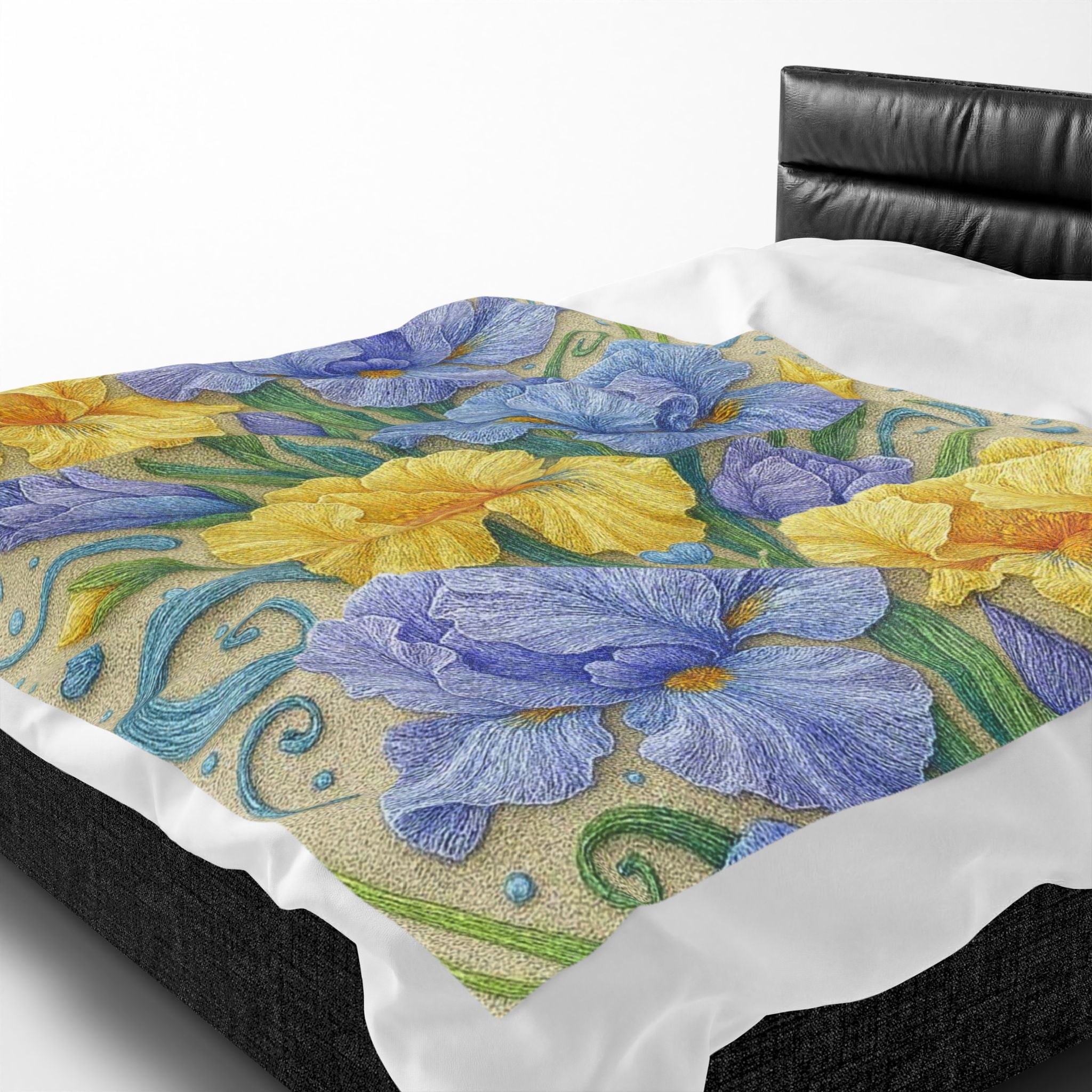 BLUESKYDEZIGN | Yellow and Purple Irises Velveteen Blanket | Irises in Bloom Collection | Cozy Spring Floral Throw | Botanical Gift
