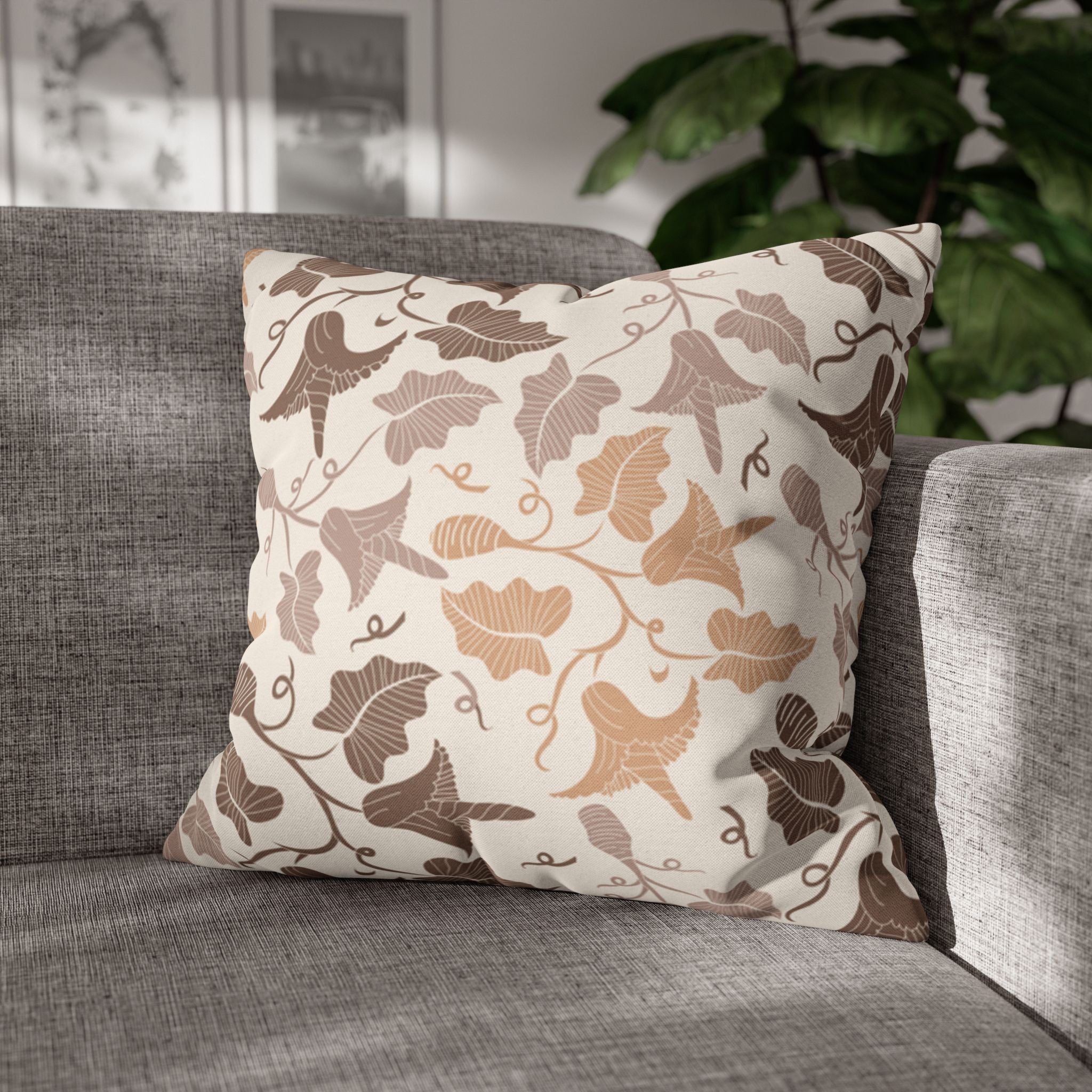 Beige Leaves Pattern Square Pillowcase 1piece, Pillow Cover, Gift for parents, Living Room Decor, bedroom, housewarming, cottage core,
