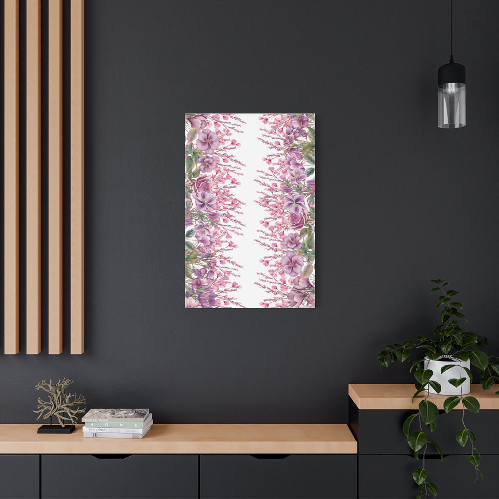 Floral Matte Canvas Wall Art, Pink Purple Botanical Print, Modern Symmetrical Flower Design, Stretched 1.25" Canvas Home Decor
