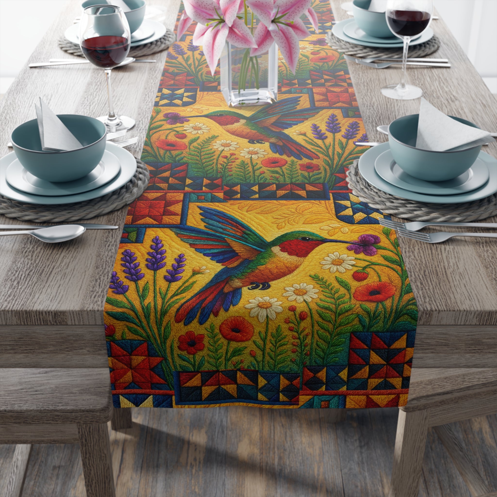 Hummingbird Garden folk art table runner with vibrant floral panels, dancing hummingbirds, lavender sprigs and geometric quilt borders in rich gold, teal and rustic rose tones — cotton twill or polyester, 16x72 or 16x90 inches

