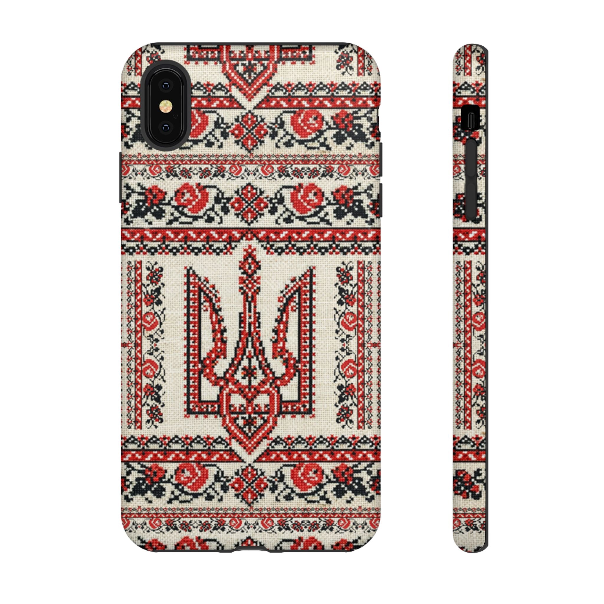 Ukrainian Trident Embroidery Phone Case • Red Black Trident Pattern • Protective Folk Art Cover for iPhone & Samsung